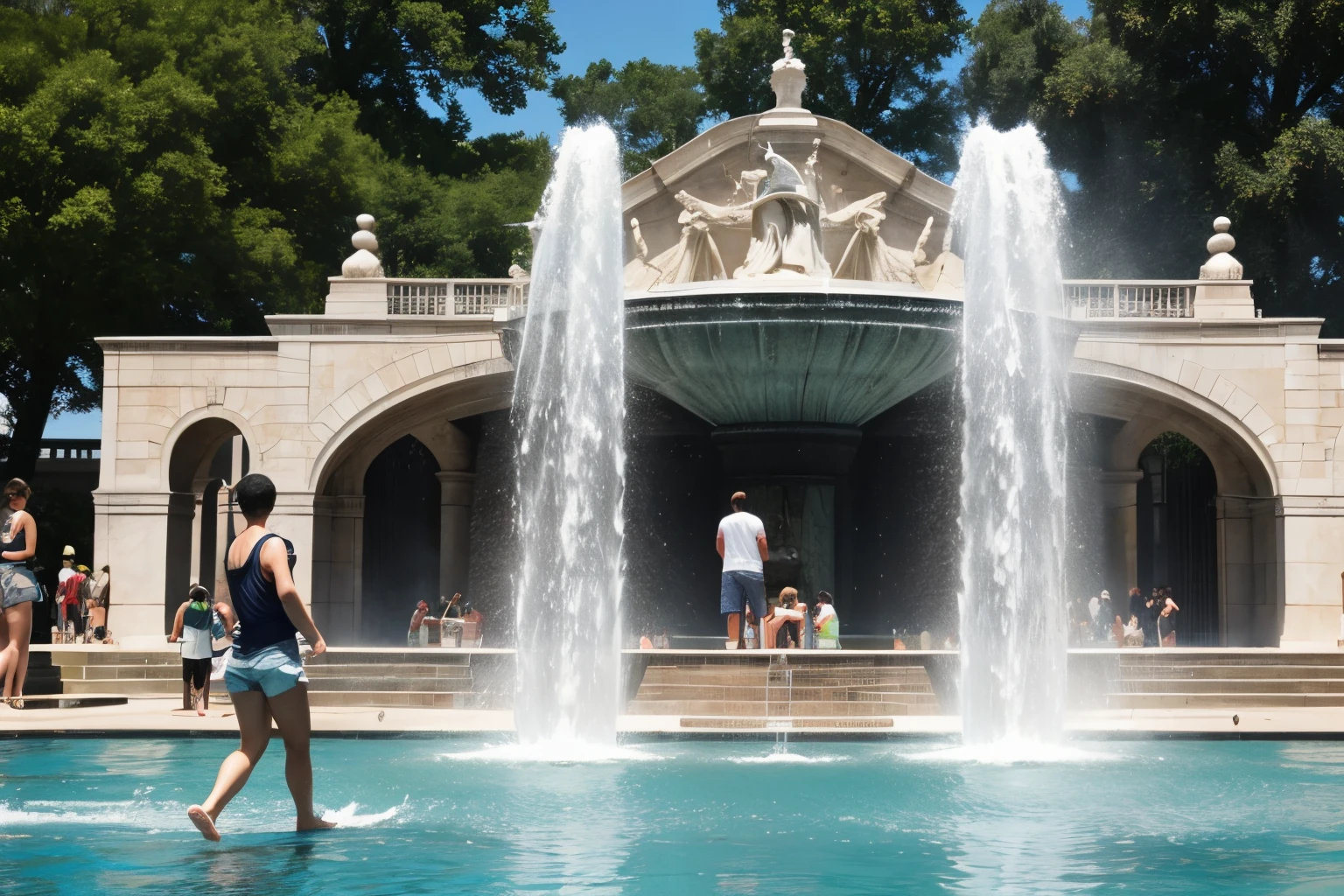 Lots of people are entering the fountain to cool off.
There are many people getting wet in the fountain.