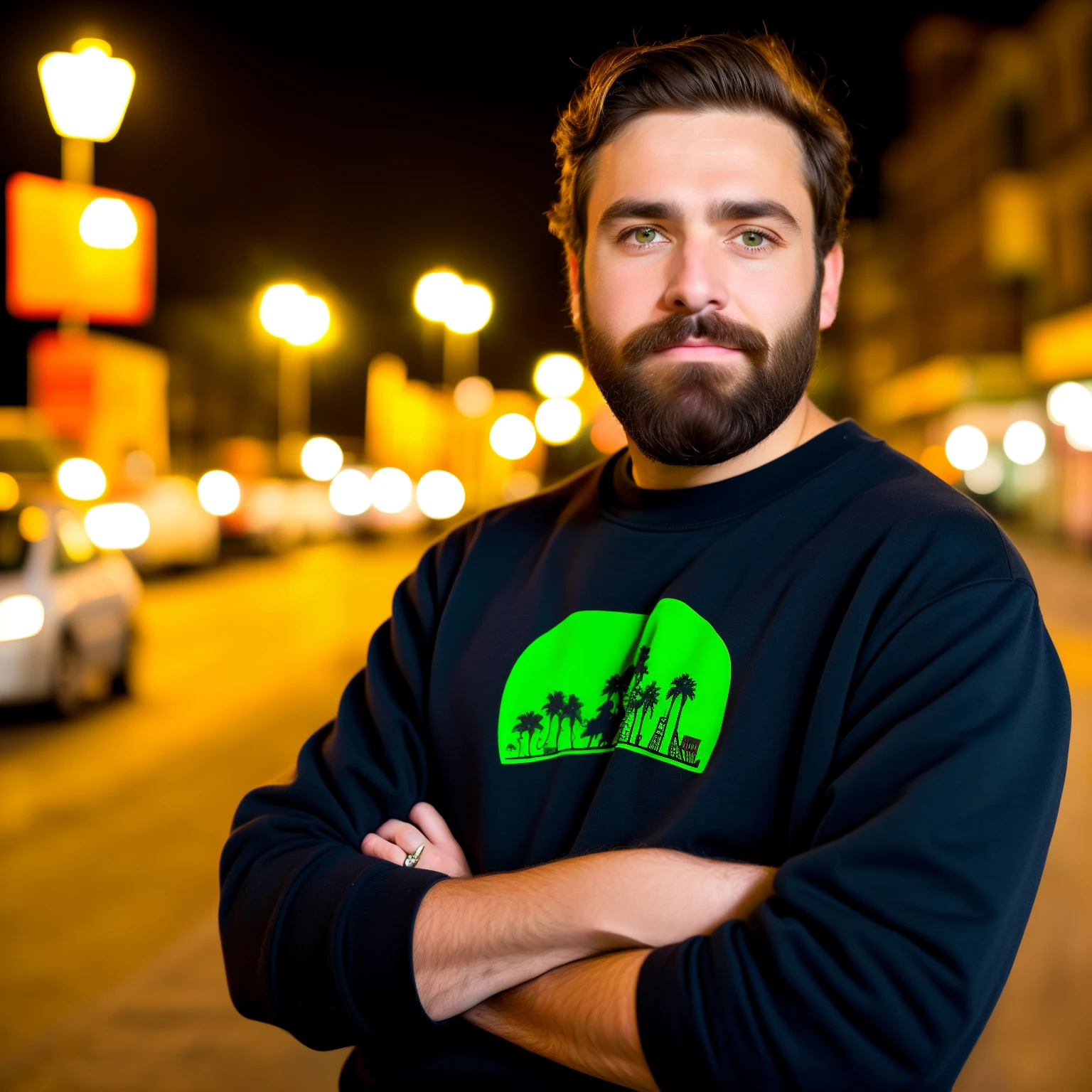 Adult male with beard and dark brown hair, ojos marrones oscuros, sudadera negra con detalles verdes, en una ciudad de noche un estilo mas animado