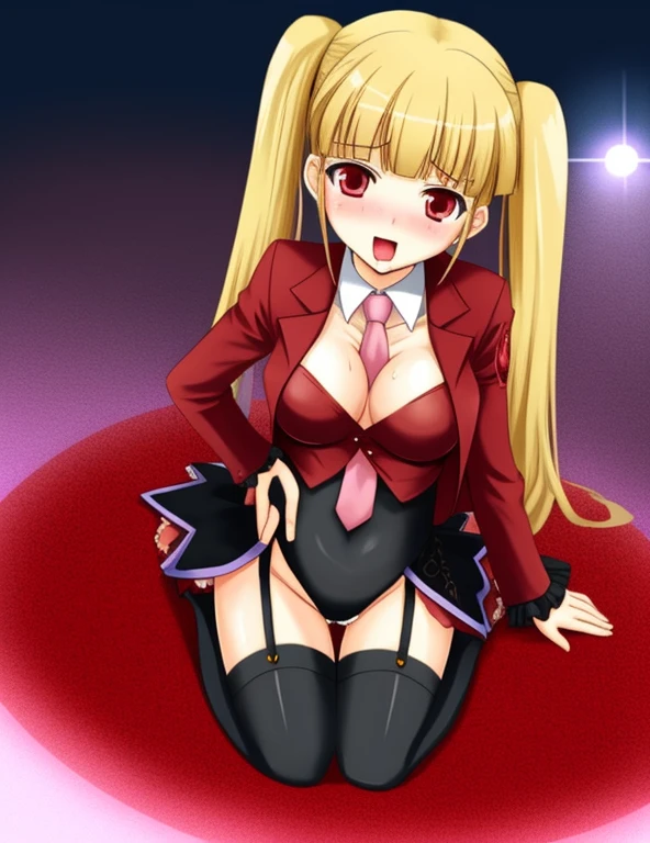 asmodeus \(umineko\), 1girl, red eyes, ((Pigtails hair)), blonde hair, ((umineko no naku koro ni)), ((Tight leotard)), ((sexy pose)), ((Wrestling ring)), (Big tits), (Wide hips)