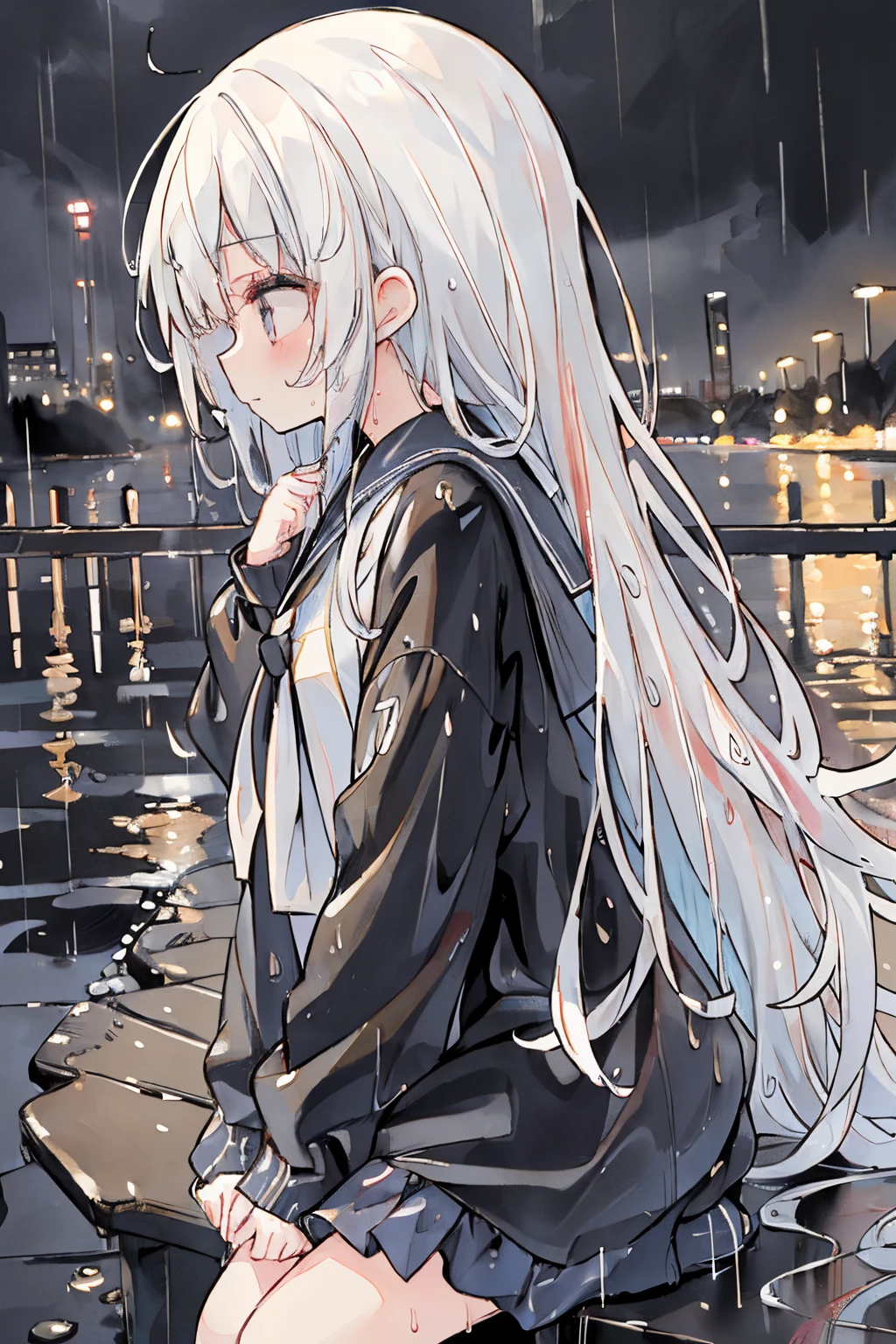 absurderes, hight resolution, (Anime style:1.1), ((masutepiece)), ((Best Quality)), (Ultra-detailed), (Beautiful),Beautiful face、(liftup), s、Wet hair、My hair is wet、Long、White hair、Black jacket、cool jacket、Rain、I have my hands in my pockets、night cityscape、neons、near future(((neons、Hair is wet、Wet hair、Rain、rain is falling、Sateen)))、natta、((a sailor suit))Black sailor suit、I'm sitting、(((((Lateral face、profile、)))))