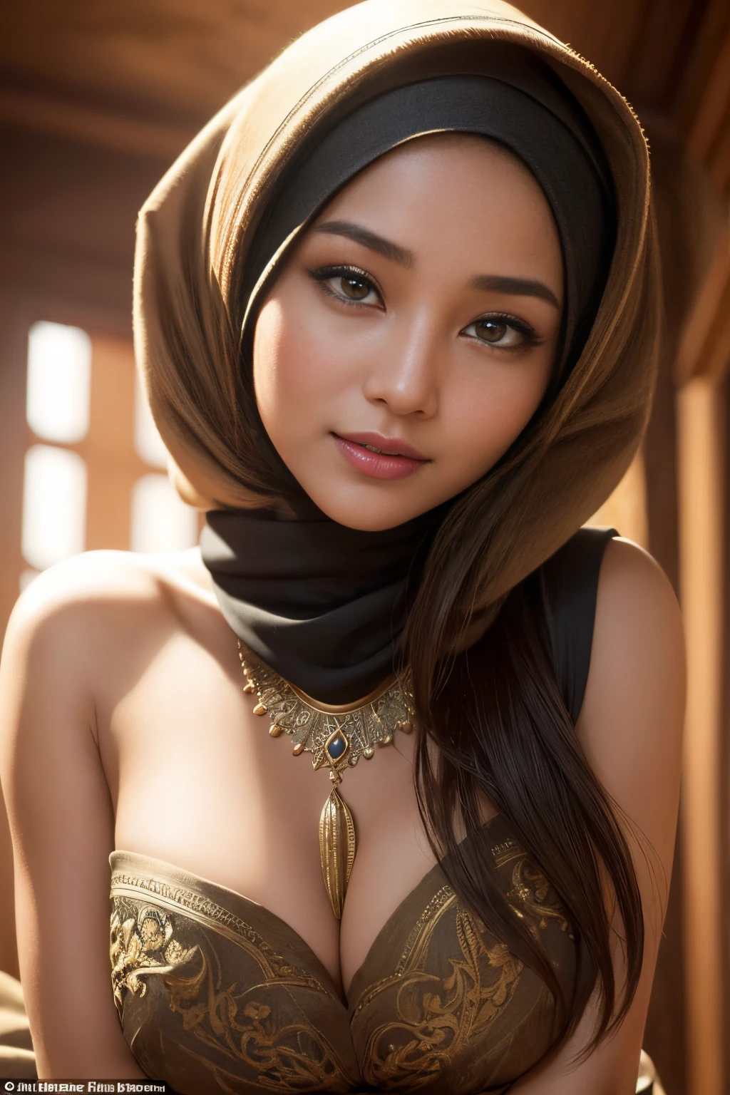 nsfw,javanese, tombraider, topless, hijabi, Absurd, ultra-detailed, high quality, masterpiece, detailed face, beautiful eyes(detailed eyes), goddess of the hearth and home, gentle and graceful, face exudes warmth and kindness, eyes described as soft and comforting, gentle and steady gaze, overall appearance is simple and modest, The fabric of her garments is usually depicted as soft and earth-toned, beauty lies not in extravagant adornments, Her smile is serene and welcoming