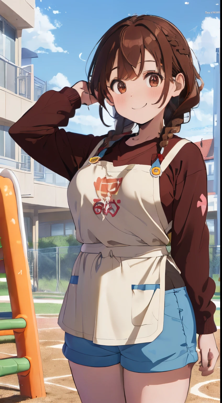 (Schoolyard with lots of play equipment for children),((A building with a colorful and cute exterior)),fluffy hair,dark brown hair,((Braided shorthair)),Slightly red tide,((Brown eyes)),((Pure White Long Sleeve T-Shirt)),bear pattern apron,((culotte type shorts)),kindly smile,((adult lady)),(plump tits),(Tight and firm breasts),