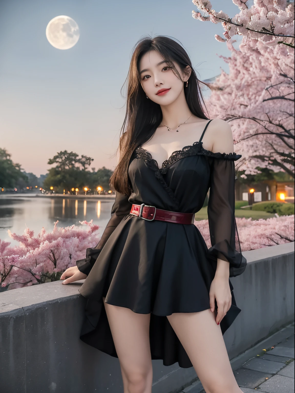 tmasterpiece, Best quality, Detailed pubic hair, 1 busty girl, Alone, nigh sky, Outdoor sports, moon full, As estrelas, cloud, natta,, Dark cherry blossoms, (Black dress), Long gray hair, evilsmile, Red belt, There are striped ones, upper legs