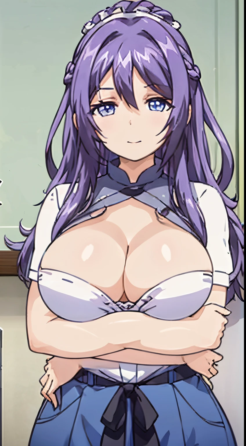 1 girl, GameCG, Cropped purple cheongsam, Cracks are visible, shairband, Huge cleavage, light violet hair, Long gray hair, french braid, a purple eye, ssmile, hugging pillow, fully body photo,vup images,