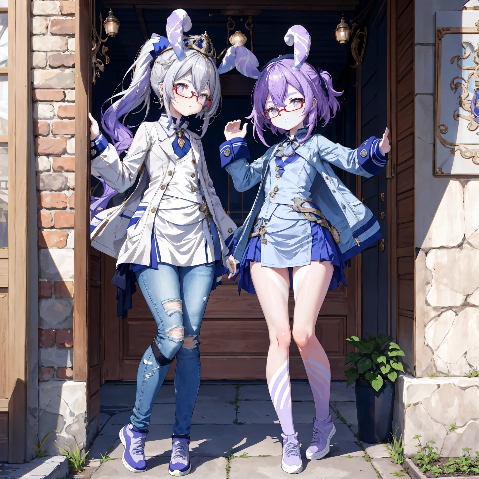 Melousine|genshin impact, masterpiece, bestquality,3 girl,young girl, Long Jeans,  Wear glasses, purple hair color, long hair in a ponytail,,,,,,,,,,,,,unstable _Front,oily shiny skin,flat chest,nice leg line:1.3,thick thighs, thin-waist,, red_streaks_light_wrap_dress, white_platform_sneakers, woven_El_bag, straw_headgear, gold_hoop_earrings, jacket, In a 19th century French town, In a 19th century French town,looking at the audience,From Top:1.2,dynamic angle