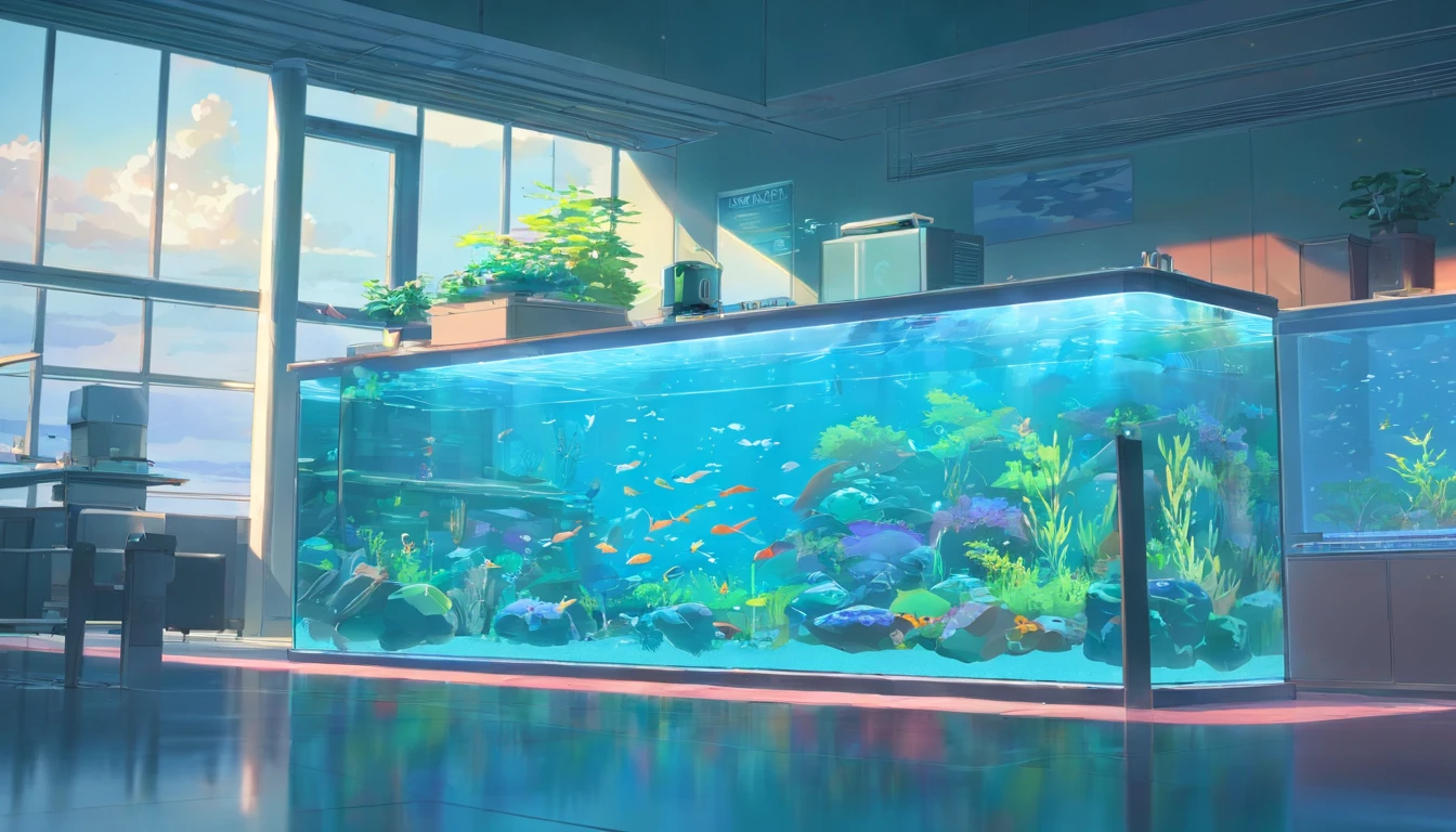 (​masterpiece,top-quality,top-quality,Beautifully Aesthetic:1.2),artificially created fish,Tropical fish in machine,hyper quality,Super delicate lines,android fish,lensflare,((machine made fish,Geometric shapes,fish tank)),mechanical aquarium background,hologram landscape,Machine Eyes,((colourfull:1.5)),cyberpunk aquarium background,cyberpunked,Full of neon,Rear view of a woman looking at an aquarium,