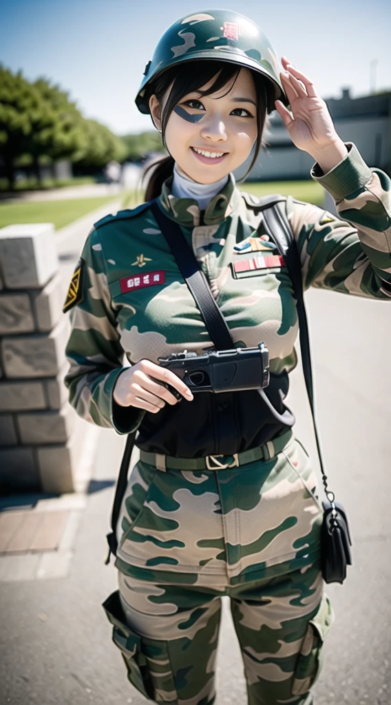 soldier, 1girl in,fearless smile,gun,Chinatsumura,camouflage pattern uniform,helmets,Japanese castle,Japanese,Salute,japanaese girl,solder,Modelshoot style,Photo R3AL