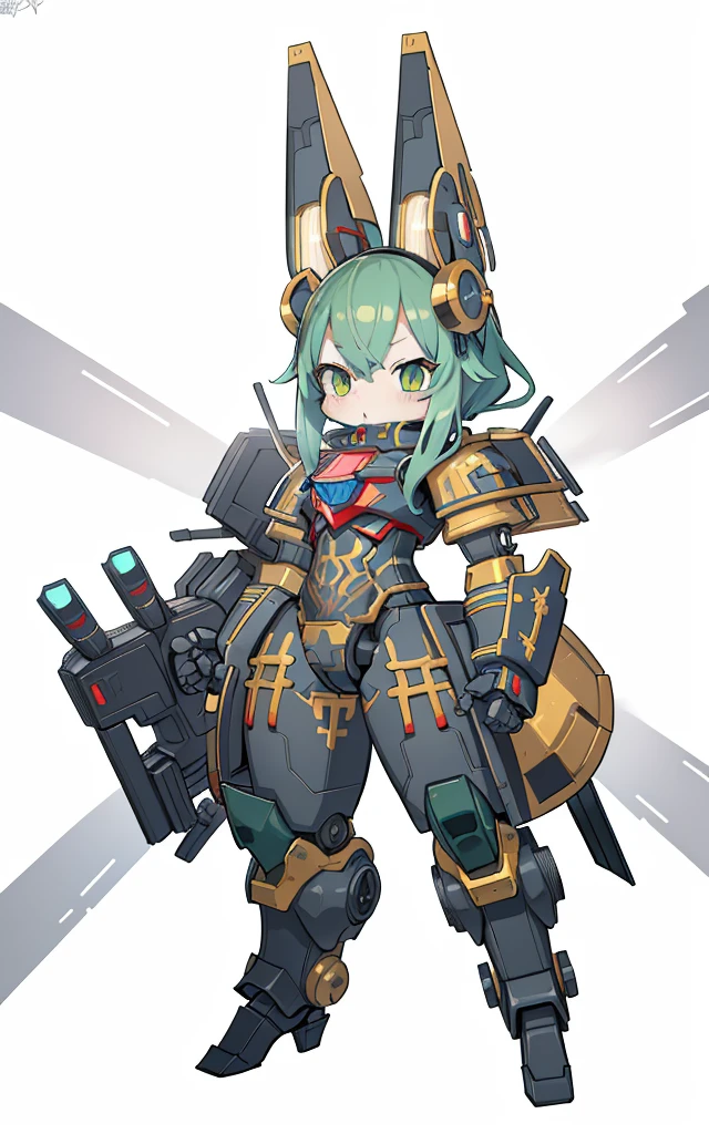 Cartoon image of robot rabbit holding gun, Hair is yellow-green, The breastplate is pink, The gun is purple, mecha cyber armor, gear wheel, Rich steampunk themes, steam engine, Cool mech style, Mecha suit, Steam Train Breastplate, There are many gears on the gun, Full robot full body mecha suit, cyber fight armor, wearing cyber armor, anime mecha armor,Red armor, Complex assassin mecha, adorable expression, Mecha Inspiration, Spatial perspective, The vision becomes blurred