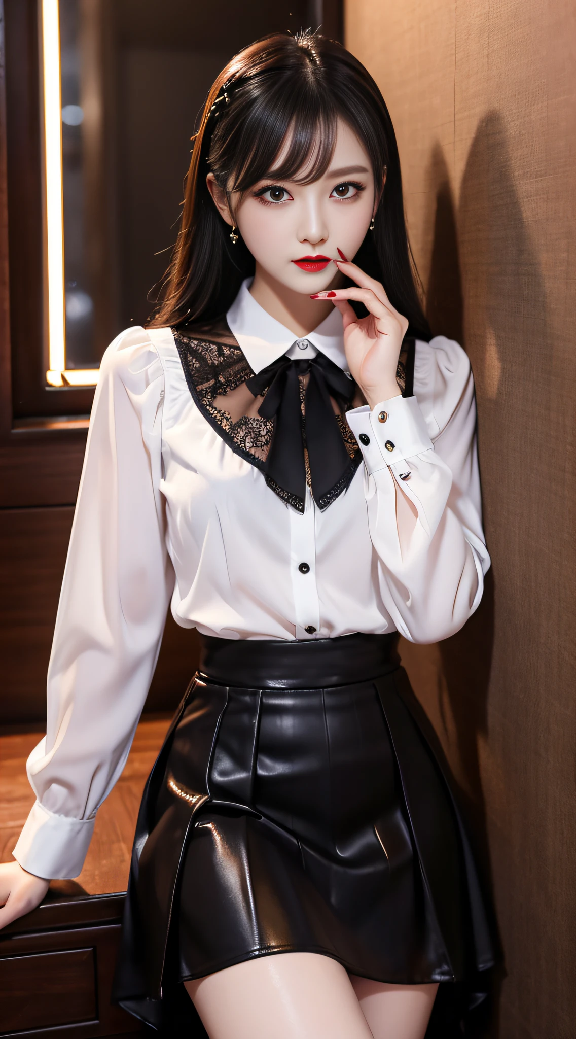 Super detailed、Japanese、charming beauty、seductive adult woman、Dainty woman、sharp eyes、cool girl、wavy hair、suit、Black chiffon、lacy fabric、wide sleeve、wearing a lace insert dress、white blouse、flare skirt、pantyhose、Shiny legs、evilの幹部、evil depravity、brainwashing、Mind control、lipstick、grin、邪evilなな表情、evil、empty eyes、邪evilな、school of darkness、seductive pose、