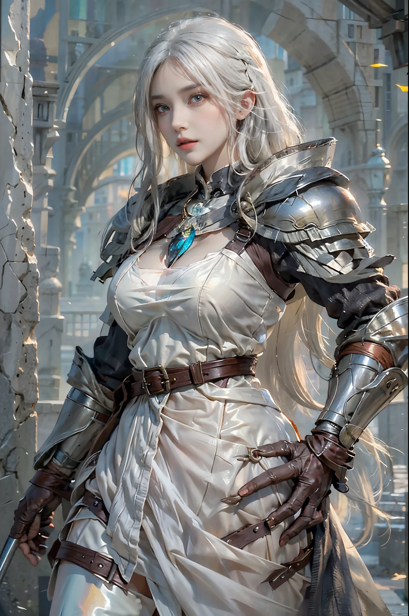 realisticlying, A high resolution, 1 girl, hip-up, long  white hair, pretty eyes, normal breast, dark souls style, knights armor