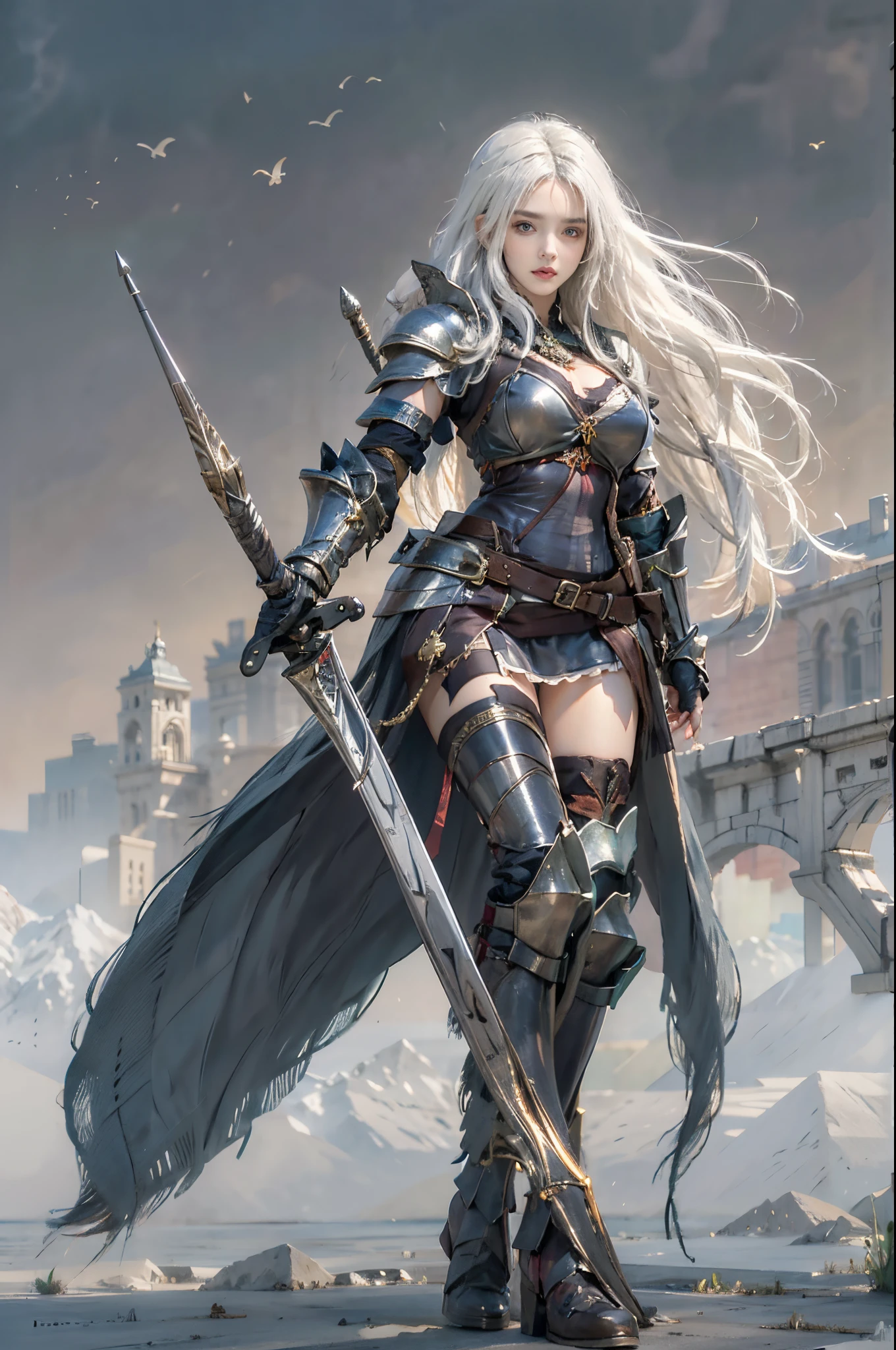 realisticlying, A high resolution, 1 girl, hip-up, long  white hair, pretty eyes, normal breast, dark souls style, knights armor