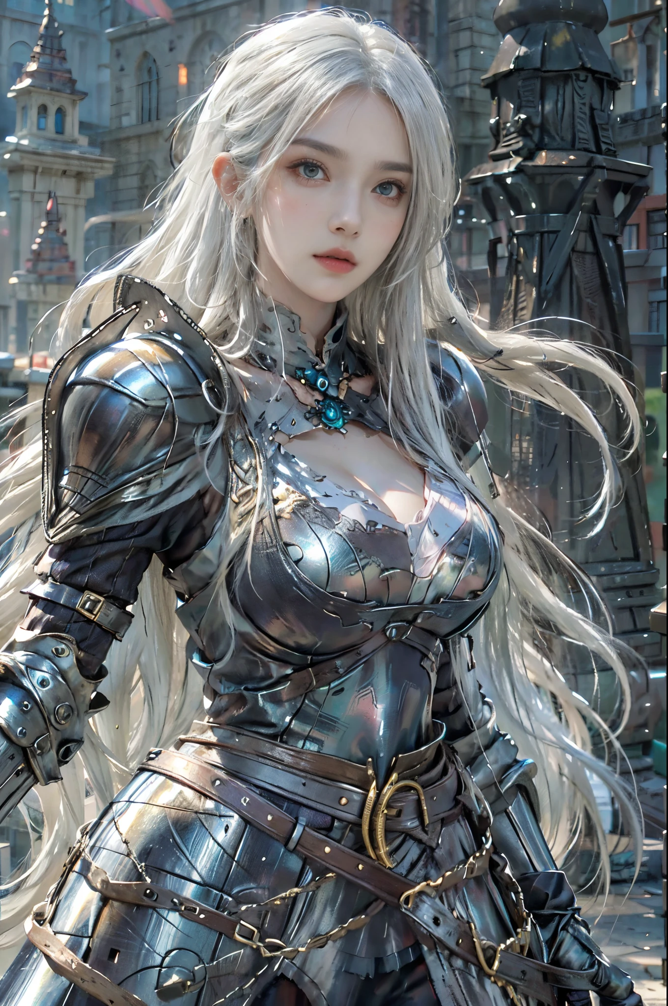 realisticlying, A high resolution, 1 girl, hip-up, long  white hair, pretty eyes, normal breast, dark souls style, knights armor