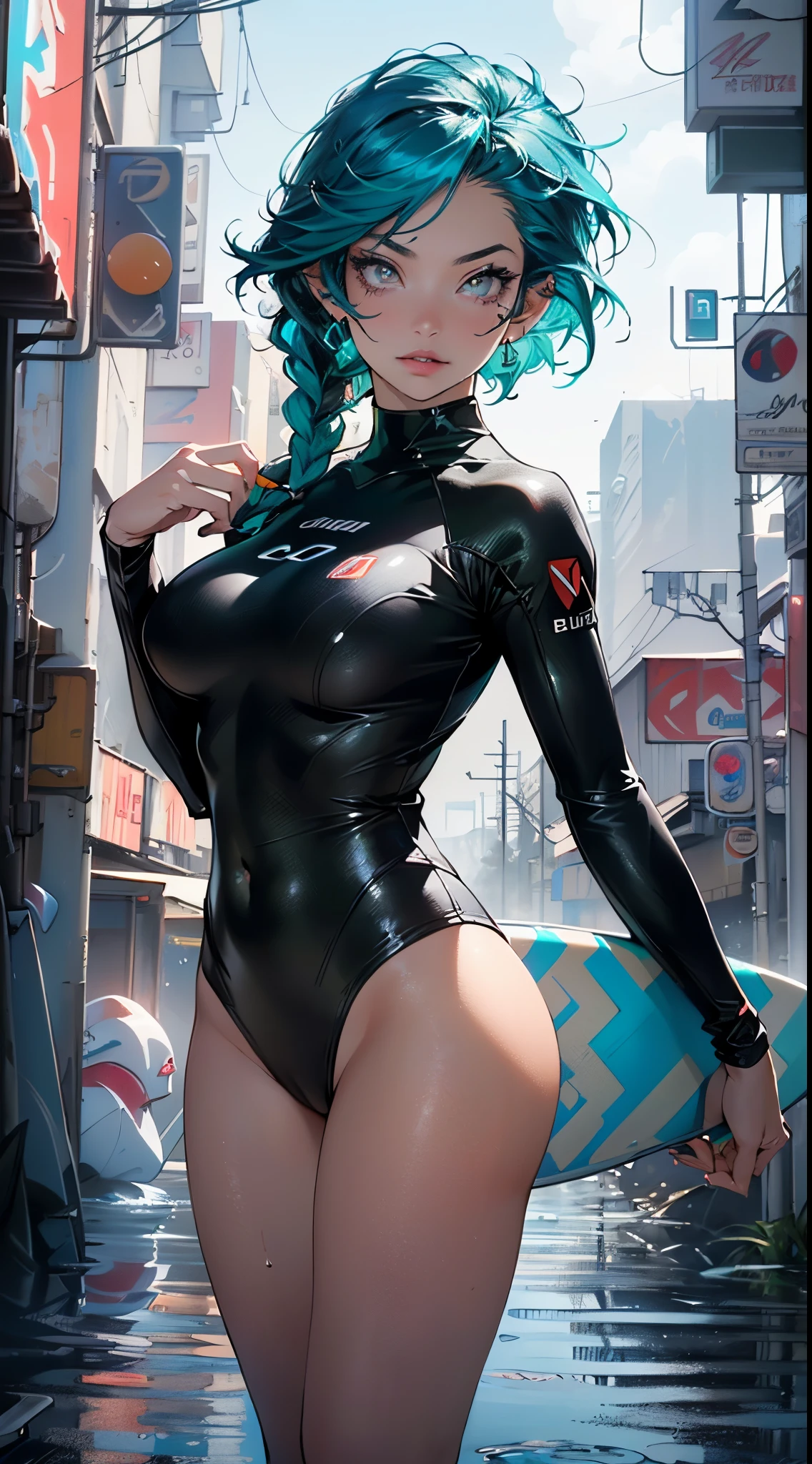 sporty girl,(((1girl))),((girl with surfboard)),
(large breasts:1.4),saggy breasts,(((ear fins:1.5))),(glowing eyes),(((green_eyes:1.2))),(((black sclera:1.5))),symmetrical eyes,((fat)),(((lustrous skin:1.5,bright skin: 1.5,skin tanned,shiny skin,very shiny skin,shiny body,plastic glitter skin,exaggerated shiny skin,illuminated skin, wet legs))),(spider lower abdomen,narrow waist,wide hip,athletic body,inflated legs,detailed body,(detailed face)),((Surfer hairstyle, Persian blue hair,blue hair,long braids on the hair,turquoise highlights hair)), dark brown skin,
cute,slutty,seductive,erotic,((nsfw)),
((blue surfer suit)),((surfboard:1.5)),(cleavage),((Surf Uniforms)),((wet clothes,intricate outfit,intricate clothes)),
(dynamic pose:1.0),embarrassed,(centered,scale to fit dimensions,Rule of thirds),
((cyberpunk city by the ocean at night, with bright neon signs and dark stormy clouds and puddles, scenery:1.25)),
artistic photography,(photography taken by sldr),highres, sharp focus,(ultra detailed, extremely detailed), (photorealistic artwork:1.37),(extremely detailed CG unity 8k wallpaper),((synthwave background theme)),(((vibrant colors))),intricate,(intricate background),(masterpiece),(best quality),perfect rendered face,perfect face details,realistic face,photo realistic,analog style,((intricate detail)),(((realism))),