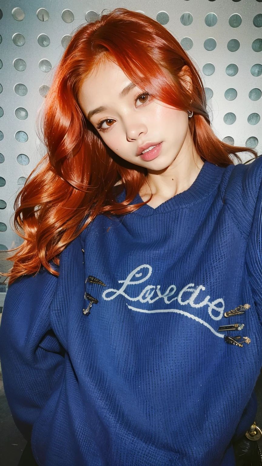 arafa woman with red hair wearing a blue sweater, Retrato de Jossi de Blackpink, Ulzzang, jossi do blackpink, Lee Ji-eun, Lee Ji - Eun, jennie blackpink, Heonhwa Choe, Bae Suzy, Jaeyeon Nam, Dom Yunjoo, com cabelos ruivos, Retrato Jisoo Blackpink, TaeJune Kim, com longos cabelos ruivos