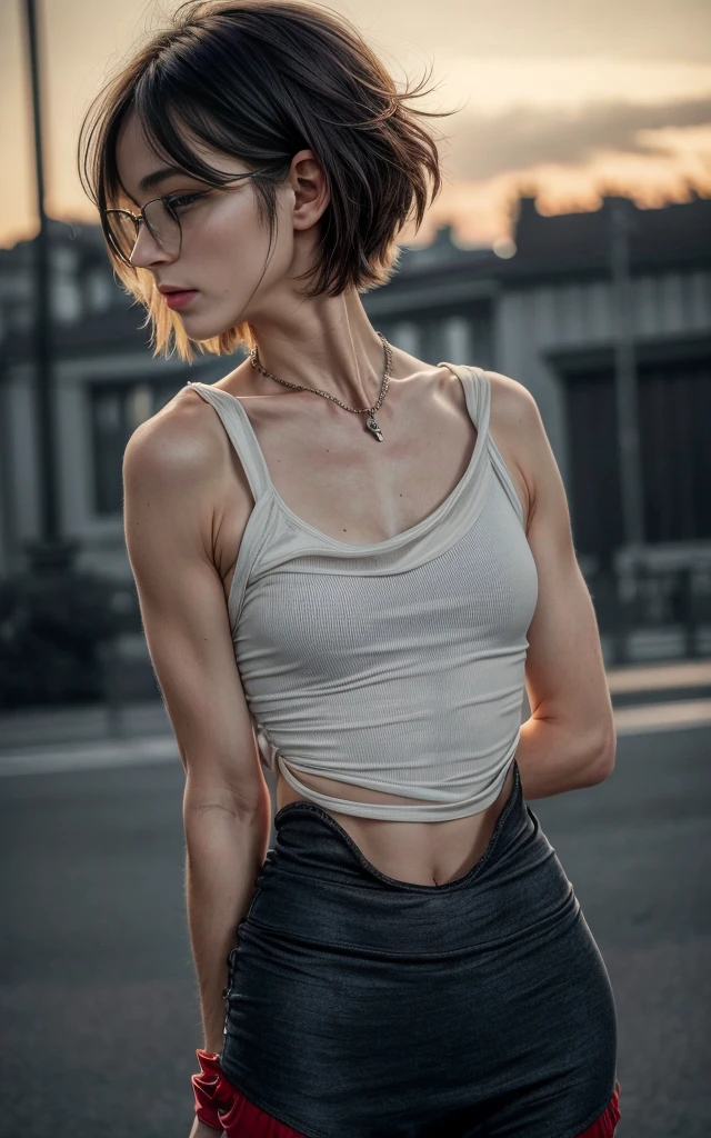 ultra realistic 8k cg, masterpiece, ((ultra detailed background, delicate pattern, intricate detail)), (highly detailed, fine details), best quality, 1girl, (photorealistic:1.4),beautiful lighting, absurdres, RAW photo, film grain, ((medium breasts, slim girl)), MakiZenin, 1girl, solo, short hair, black hair, (scar, scar on face, burn scar, muscular female), sleeveless, pants, black pants, shirt, holding, weapon, belt, sword, glasses, turtleneck (complex detailed background, outside, urban environment, cowboy shot),