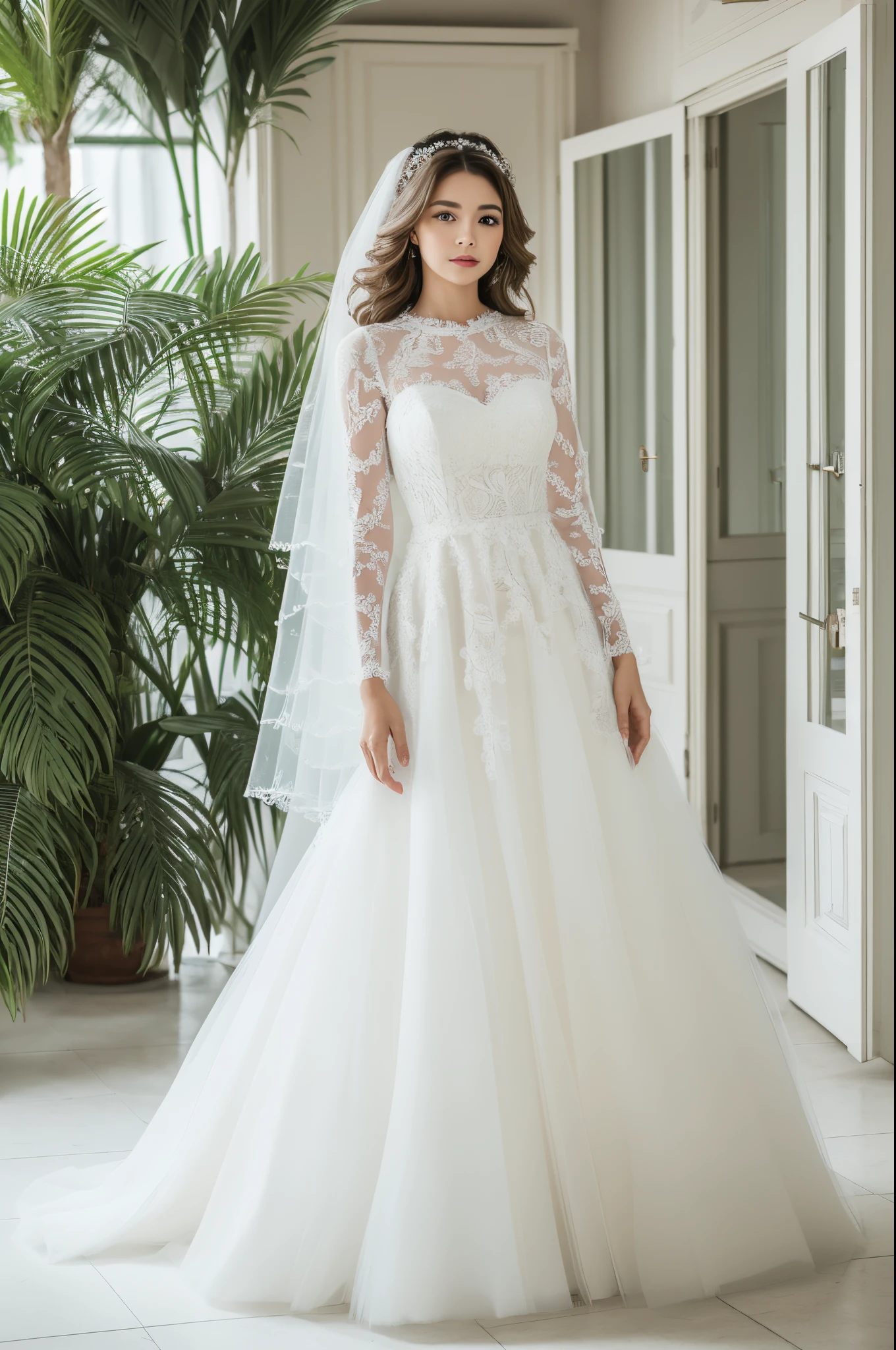 Best quality, 8k, 32k, Masterpiece, Masterpiece, (Photorealistic: 1.4), RAW photo, ultra realistic, 1girl,Fashion model,Wearing a white ballgown wedding dress, long sleeve style, tulle fabric, full body, in white room with indoor decorative palm tree,Stand upright and look straight,