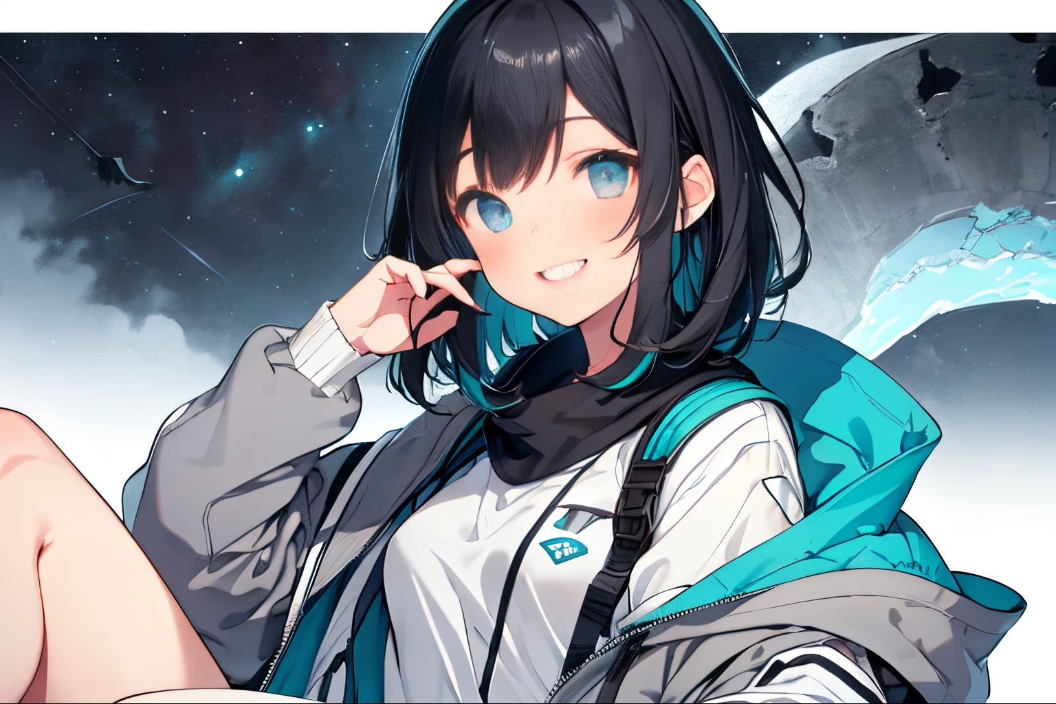 Highest Quality, masutepiece, front facing, 1 girl in, Turquoise eyes, jet-black hair, Jacket (Gray white background:1.4), (night sky background:1.3), Smile with teeth, hurrah