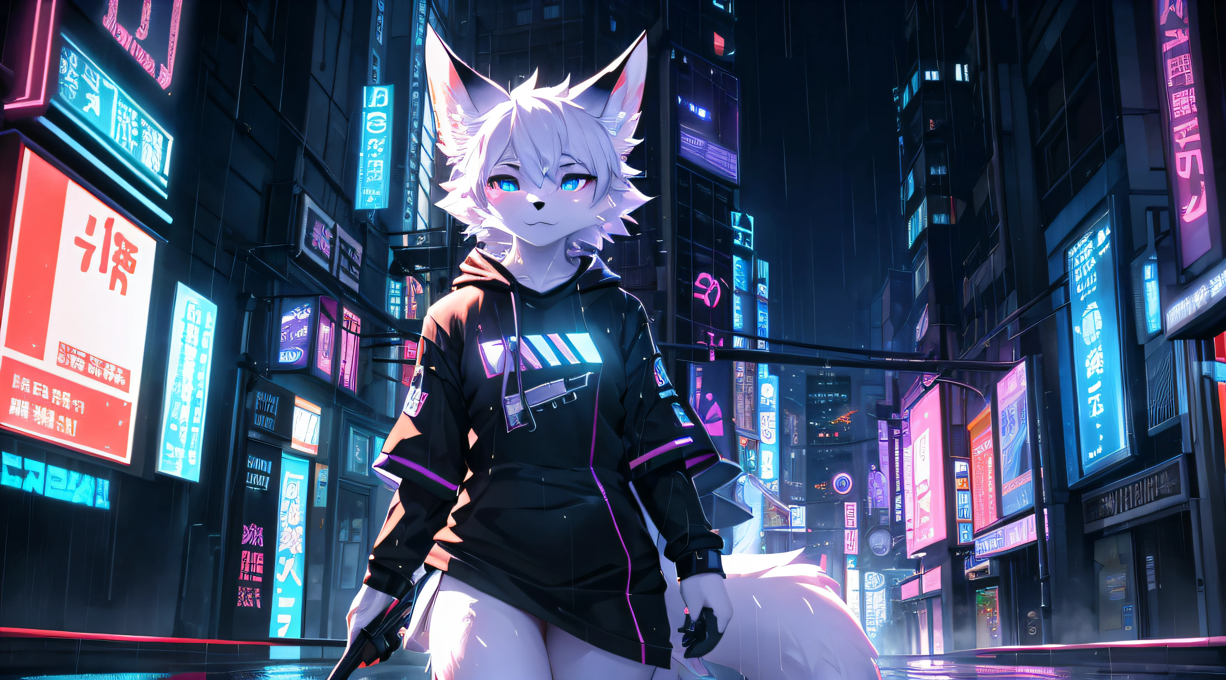 (cyber punk perssonage)Beautiful face of white fur fox looking around raining city street glowing t-shirt umbrella beautiful light and shadow、ambient lights、Ultra-fine fur、Volumetric light is ultra-detailed