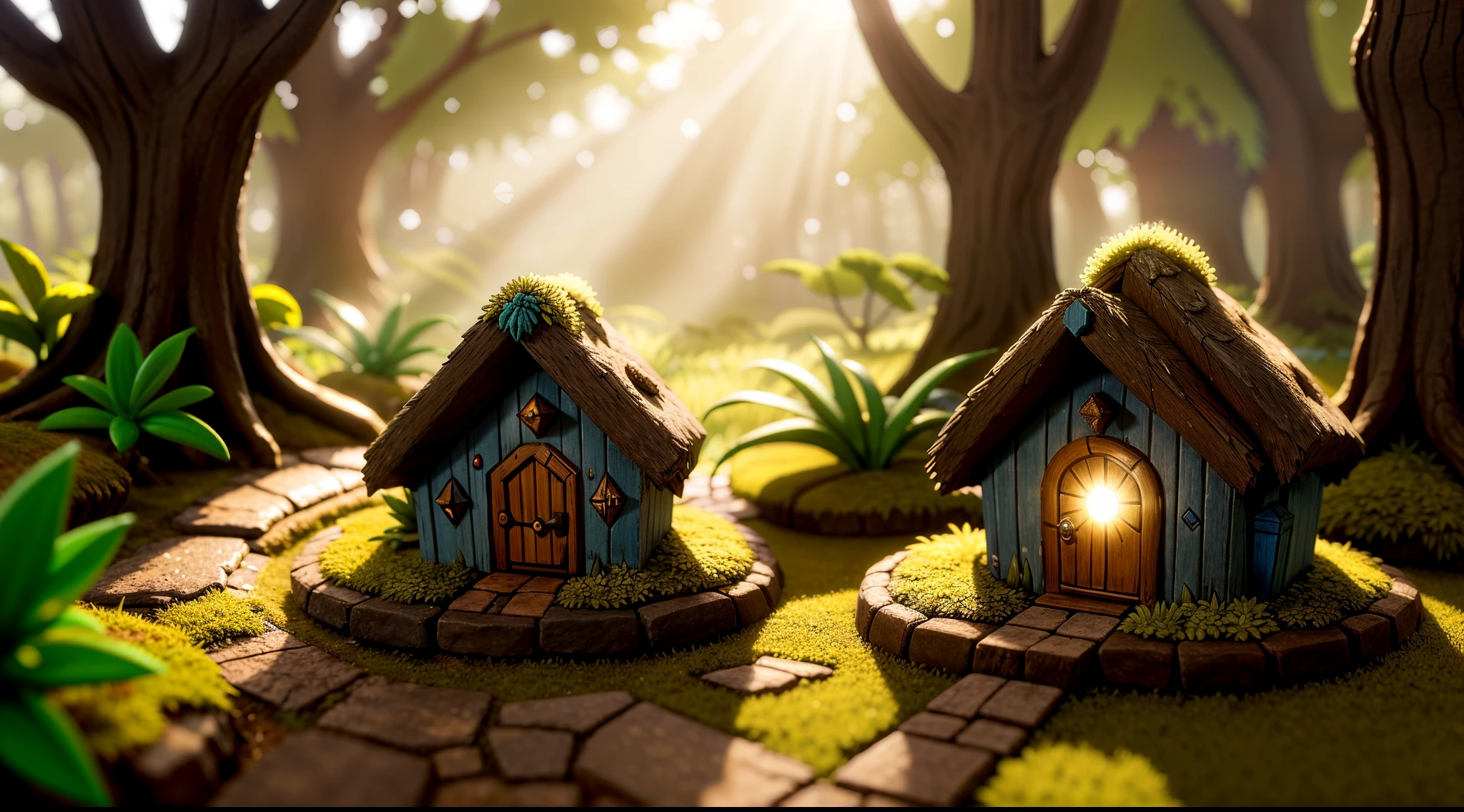 masterpiece, macro of a tiny gnome hut in a forest, dusk, dewdrops, high contrast, studio ghibli style, highly intricate, highly detailed, illustration, sunlight