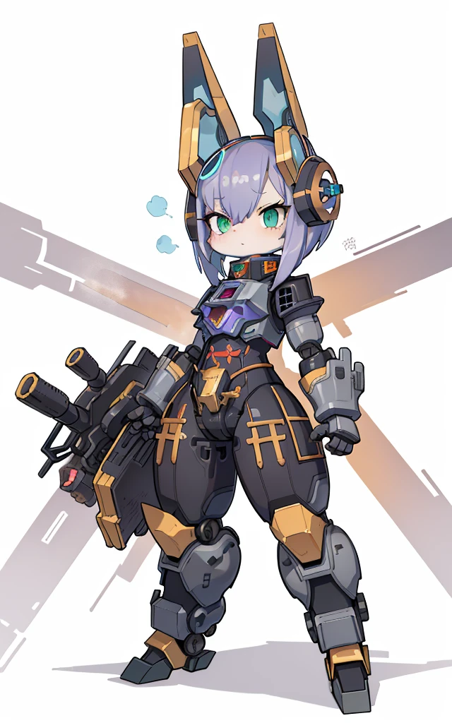 Cartoon image of robot rabbit holding gun, The hair is purple, mecha cyber armor, gear wheel, Rich steampunk themes, steam engine, Cool mech style, mechasuit, Full robot full body mecha suit, cyber fight armor, wearing cyber armor, anime mecha armor,Yellow-green armor, Complex assassin mecha, adorable expression， Mecha Inspiration, Spatial perspective, The vision becomes blurred