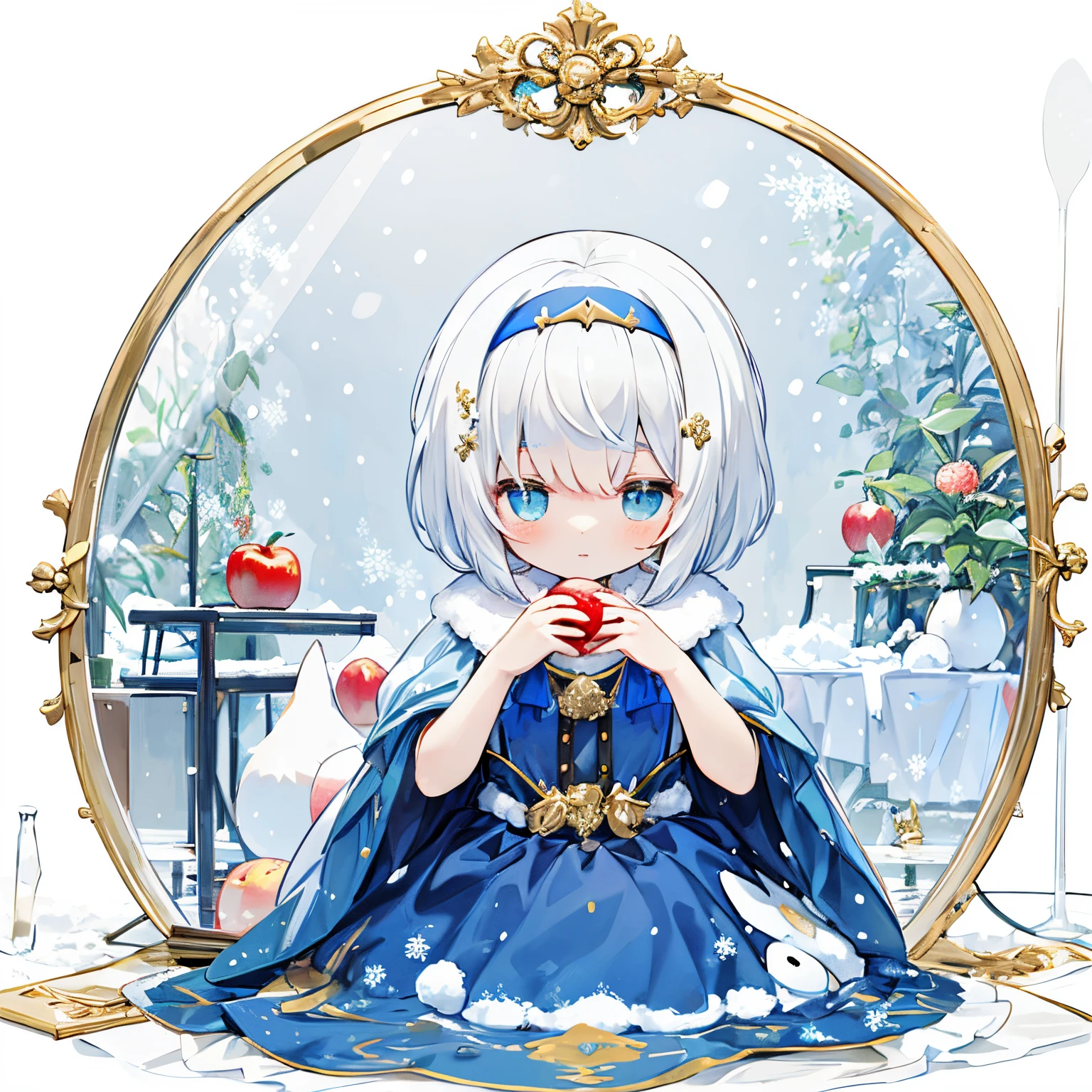 Snow White reflected in the mirror、Apple、golden mirror、apples around the mirror、White shorthair、Blue headband、Red ribbons、Snow White dress、The upper part of the body