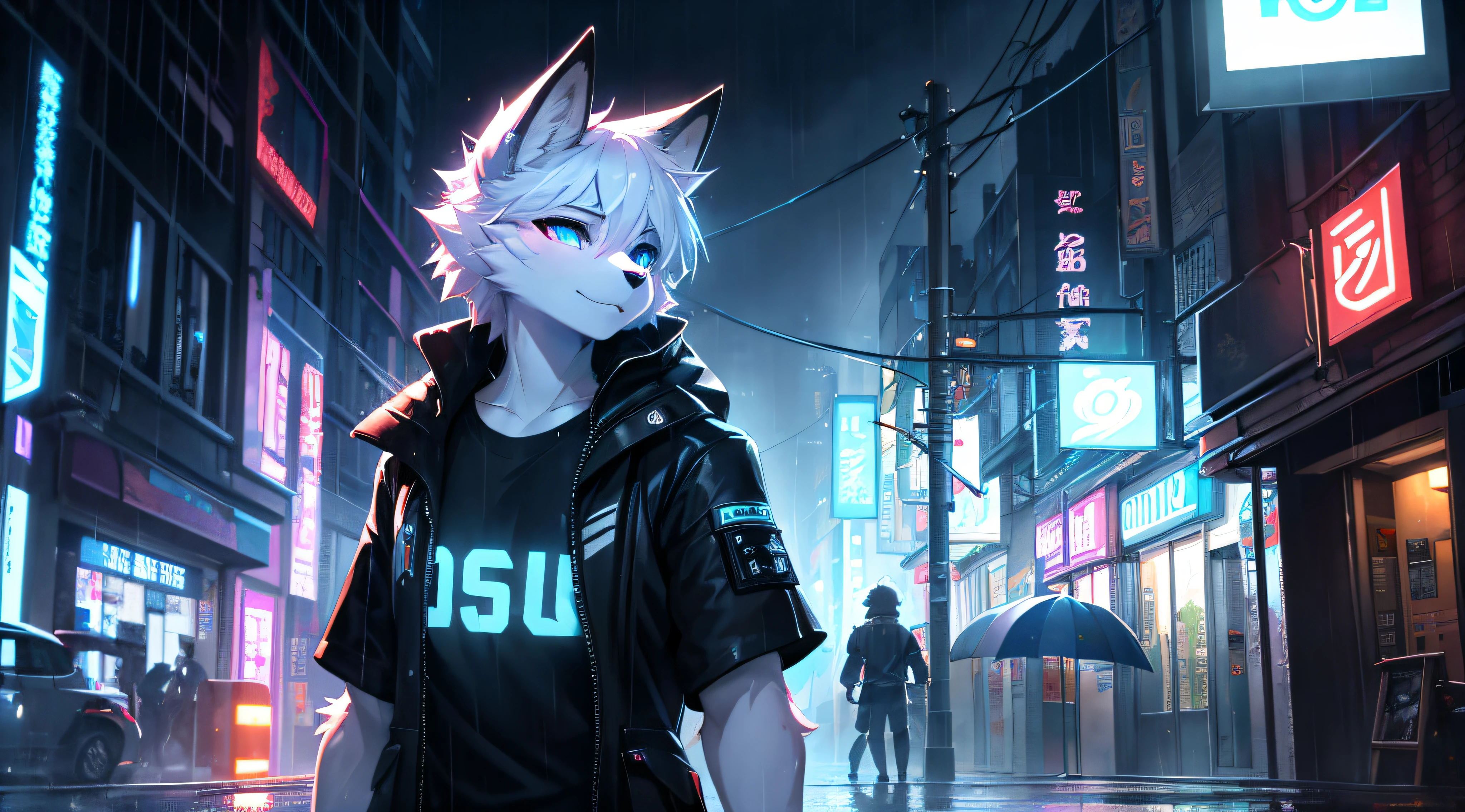 (cyber punk perssonage)Beautiful face of white fur fox looking around raining city street glowing t-shirt umbrella beautiful light and shadow、ambient lights、Ultra-fine fur、Volumetric light is ultra-detailed