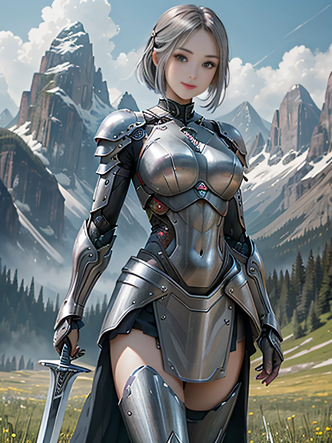 超A high resolution、An ultra-high picture quality、8K、Detailed details、marvelous expression、girl of steel、Cyborg girl、slender physique、Silver-haired short bob、wearing black metal armor、With a big sword、Run briskly、Pretty smile、mountain meadow landscape