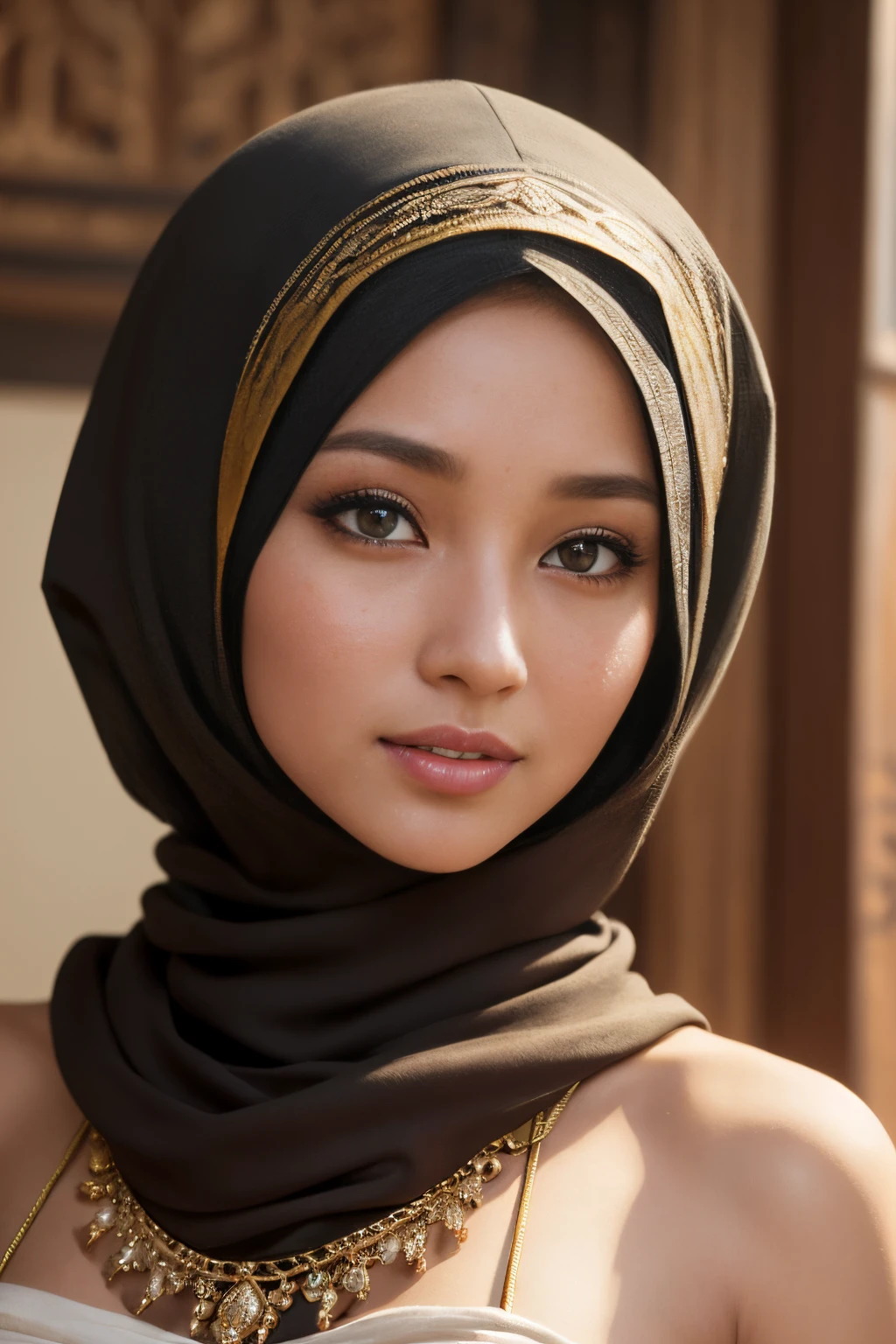 Prompt:
foto asli gadis cantik orang indonesia, memakai burqa cadar tebal warna putih dan pakaian muslimah putih bermotif bunga, matanya sangat indah, dia sedang duduk di kursi studio dan berpose dua jari, background ruangan putih dengan dekorasi vas bunga, professional photography, very sharp photo, perfect shot, best quality, highly detailed, golden ratio