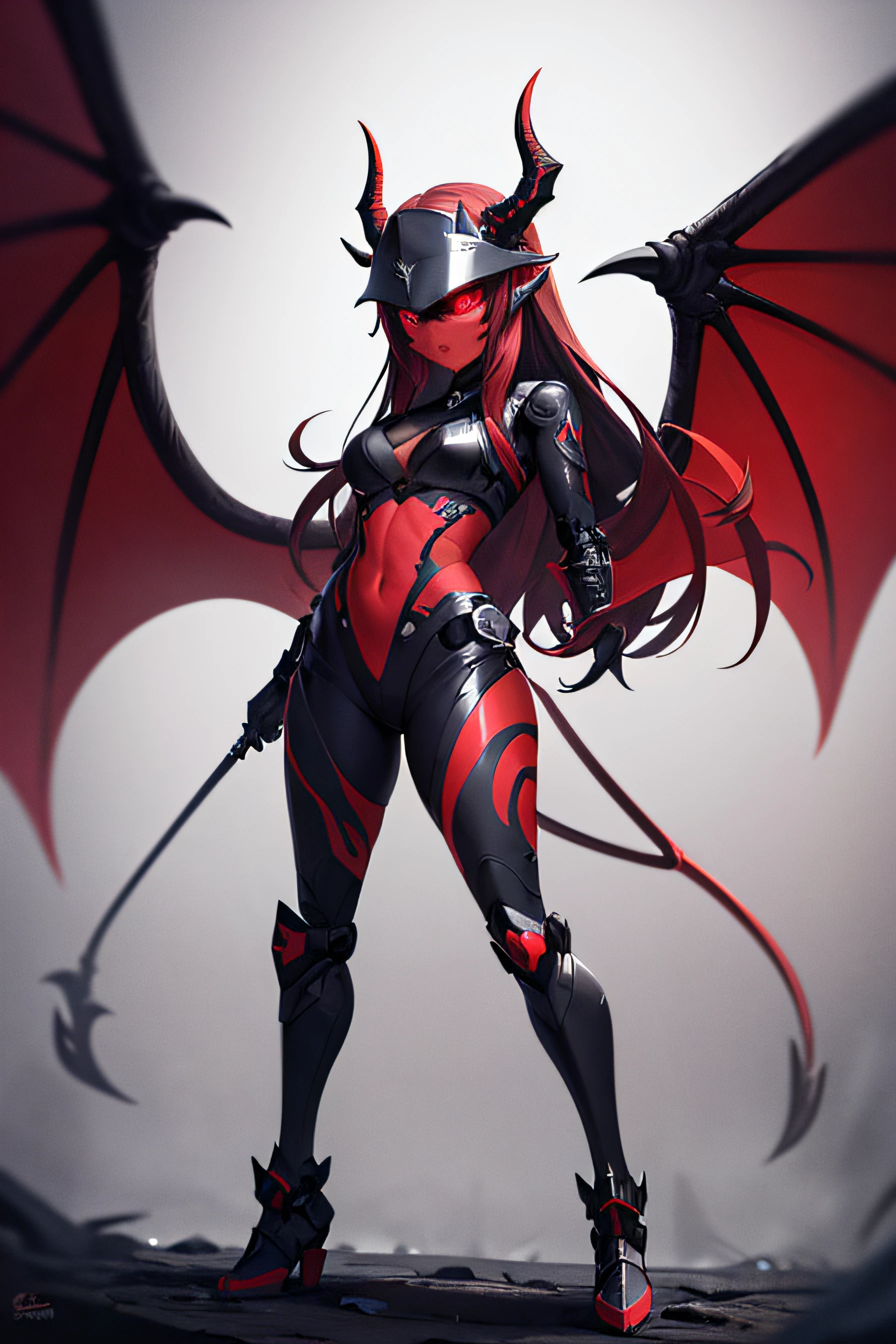 ((Top quality)),((Masterpiece)),((perfect face)),((ultra-detailed)), full body portrait, sharp focus, depth of field, detailed outfit, rich in details and textures, Fantasy World,
vibrant colors, 1 evil devil girl, cyborg girl, robot parts, metal mask, red cyborg visor, demonic dragon features, sharp focus, evil character, best quality, depth of field, red hair, long hair, solid glowing, large black horns, all dark red skin, all red skin tone, breasts, punk attire, evil look, standing in an empty void, sinister look, dragon wings, medium breasts,