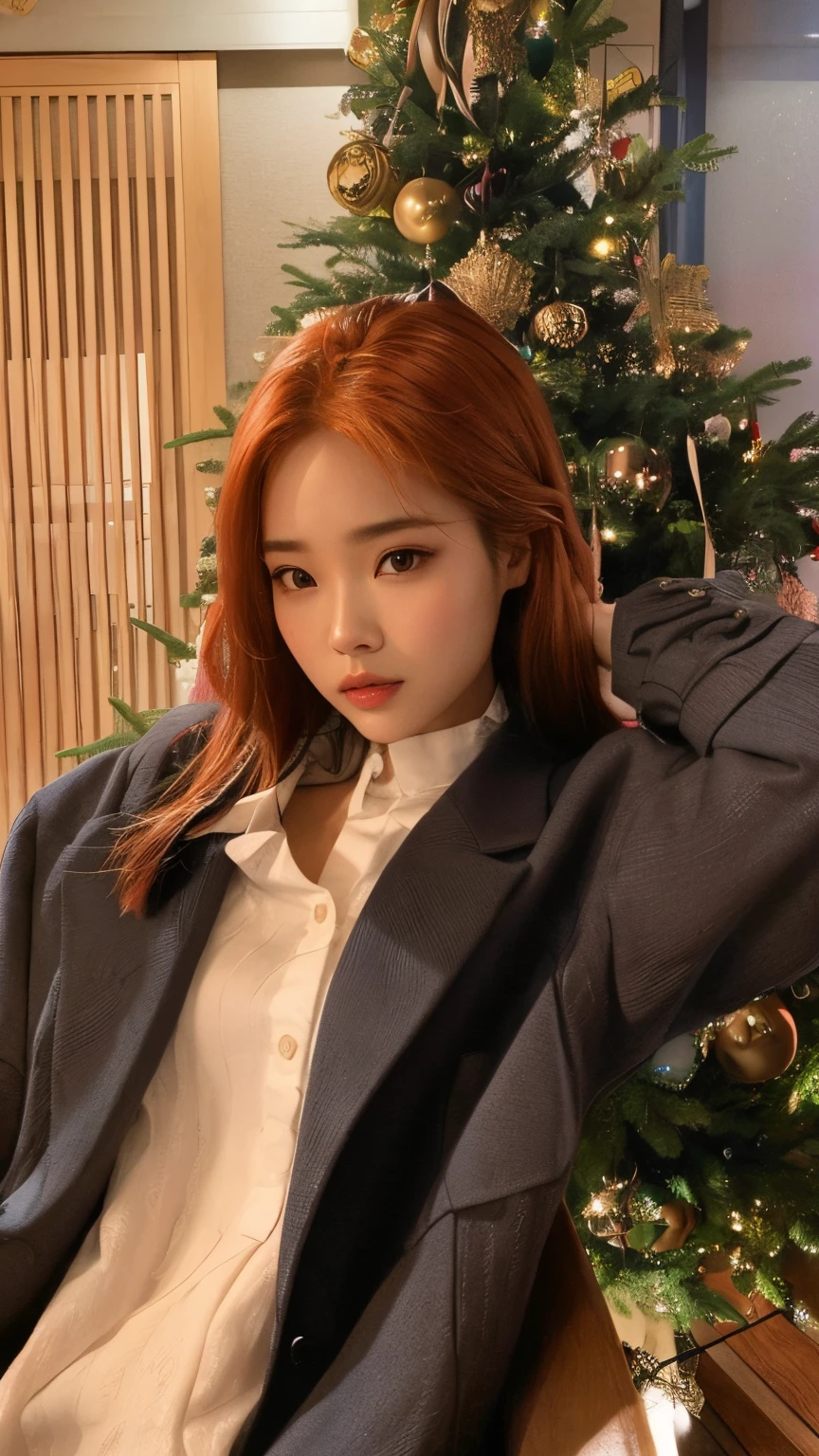 There is a woman sitting in a chair with her hands on her head, Retrato de Jossi de Blackpink, Dom Yunjoo, jossi do blackpink, Jinyoung Canela, Heonhwa Choe, Parque Roseanne do Blackpink, com cabelos ruivos, jennie blackpink, Kim Doyoung, Jaeyeon Nam, Parque Ji-min, Lee Ji-eun, Lee Ji - Eun