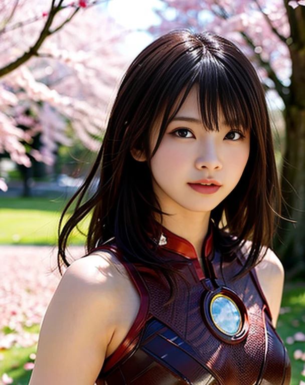 1girl in,A dark-haired, Floating hair, ribbed,Scenic,Scenic,cherry trees, Falling petals, Sunlight,Divine Rays,The upper part of the body,  iron man girl