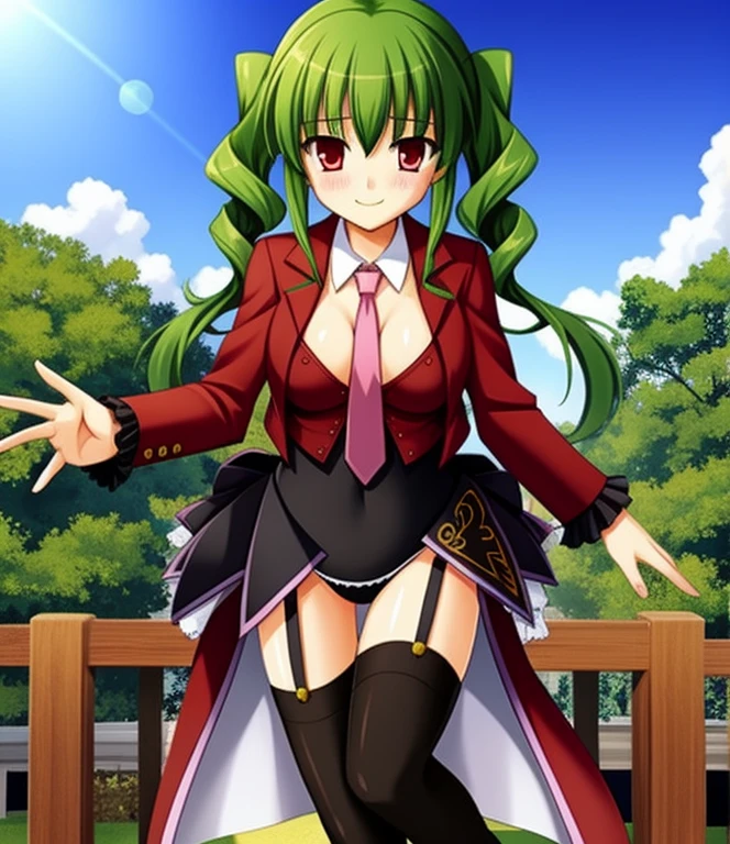 leviathan \(umineko\), stakes of purgatory, 1girl, pink necktie, solo, necktie, showgirl skirt, garter straps, red eyes, green hair, thighhighs, red jacket, frilled sleeves, outdoors, day, closed mouth, ((Tight leotard)), ((sexy pose)), ((Wrestling ring)), (Big tits), (Wide hips), drill sidelocks, long hair,