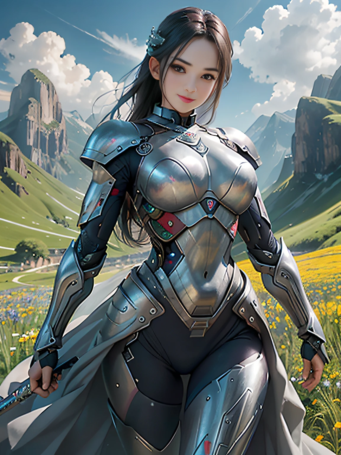超A high resolution、An ultra-high picture quality、8K、Detailed details、marvelous expression、girl of steel、Cyborg girl、slender physique、cabelos preto e longos、Wearing metal armor、With a big sword、Run briskly、Pretty smile、mountain meadow landscape