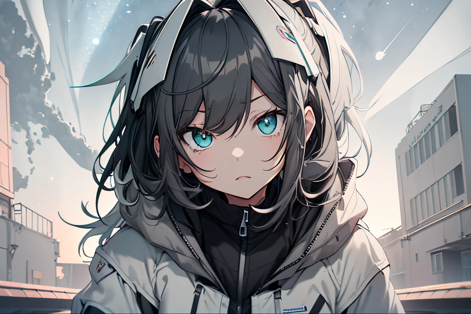 Highest Quality, masutepiece, front facing, 1 girl in, Turquoise eyes,  jet-black hair, Jacket (Gray white background:1.4), (night sky background:1.3),