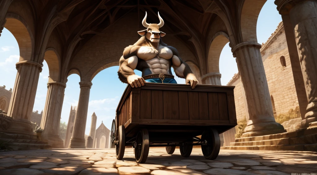 ((nj5furry, solo, full body perspective, masterpiece, chest level shot, standing, calm expression, (anthro), high resolution, 4K)), male, adult, ((bull-man, detailed fur, bovine tail, extremely detailed, medium-length horns, muscled body, hooves, two-tone fur, brown and white furred body)), blue eyes, high contrast, dynamic composition, castle background, daylight, (five fingers, loose tan medieval shorts, four-wheeled wagon)