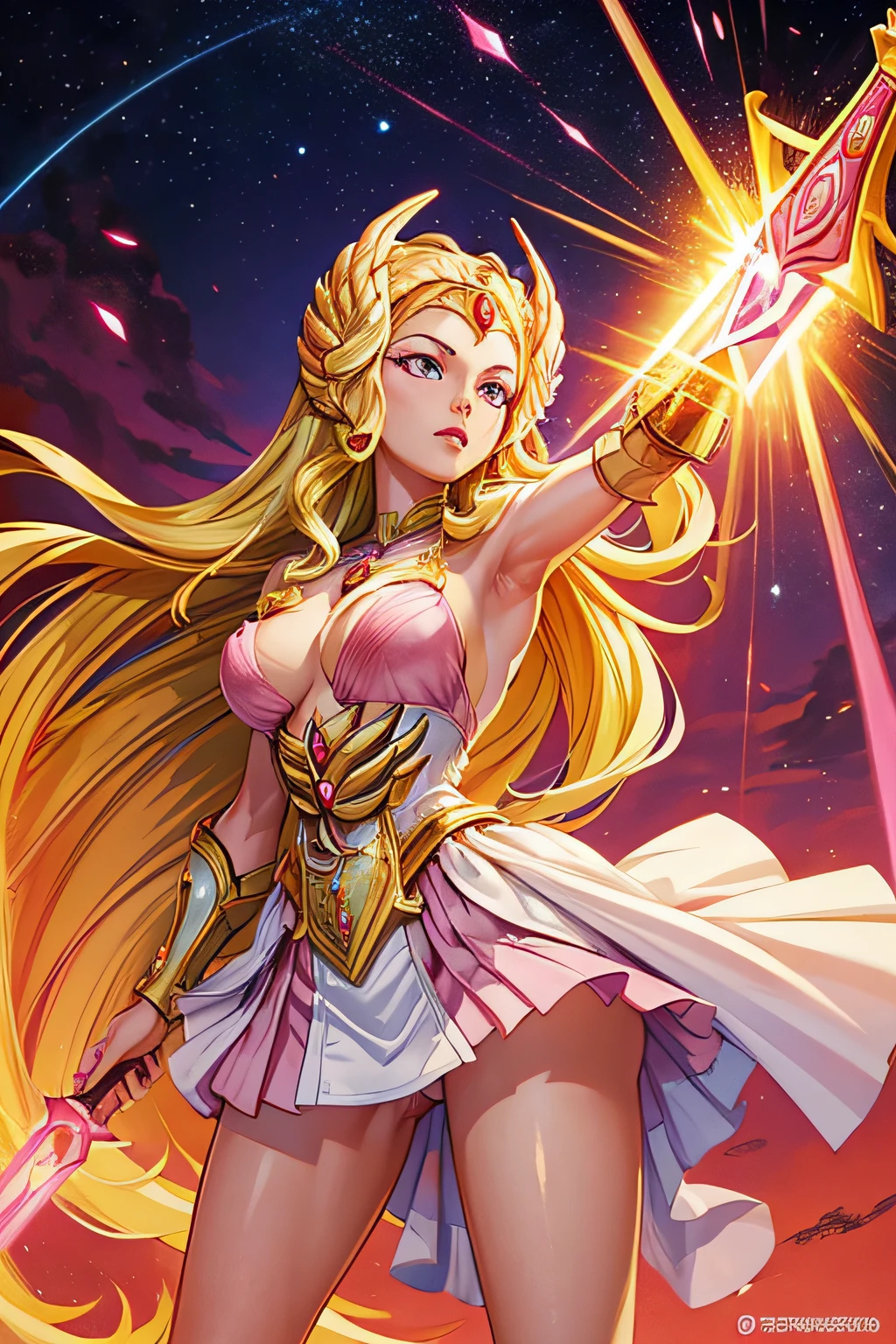 masterpiece, best quality, high quality, SheRaQuiron character, panties, (pink nipples:1.2), white robe, golden armor, looking back, glowing sword