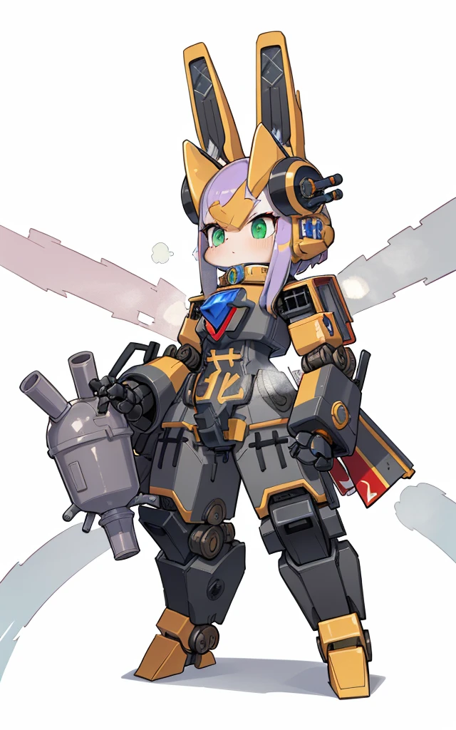 Cartoon image of robot rabbit holding gun, Holding a large carrot grenade in his right hand, The hair is purple, gear wheel, Rich steampunk themes, steam engine, Cool mech style, Mecha suit, Full robot full body mecha suit, Yellow-green armor, adorable expression, Mecha Inspiration, Spatial perspective, The vision becomes blurred