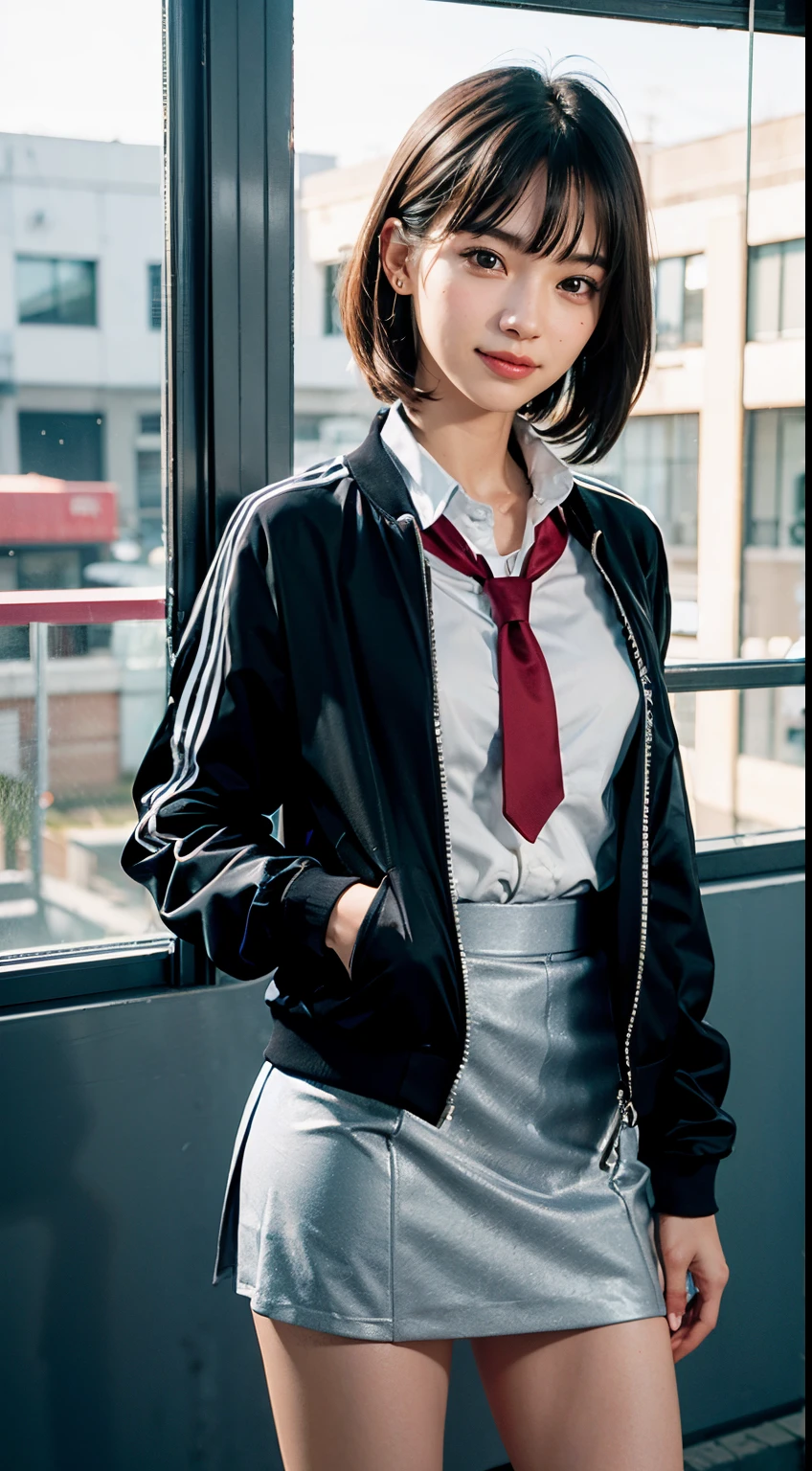 Kyoto Animation Style:1.8, Dressing:2.0, Track jacket:2.0, Blouse with collar:1.8, neck tie:1.5, pleatedskirt:1.8, dirt baseball field:1.8, victorious pose:1.8, A smile, shout out, 1girl in, 18year old, 7headed body, Ideal ratio body proportions, erectile nipple, Medium Hair, A dark-haired, With bangs, small tits, A slender, Small buttocks, beauty legs, Skinny Legs, Cinematic lighting, depth of fields, One-person viewpoint, F/1.8, 135 mm, nffsw, masutepiece, ccurate, Anatomically correct, Textured skin, Super Detail, high details, High quality, awardwinning, Best Quality, hight resolution, 8K