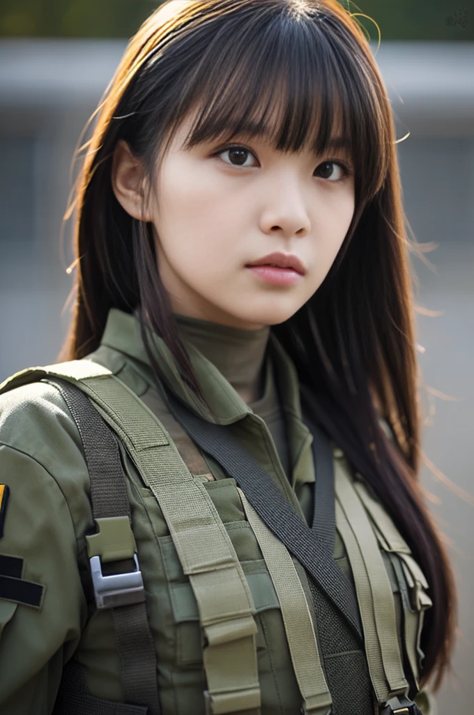 There was a woman in military uniform with a rifle.., Mechanized soldier girl, M4 Sopmod II Girls Frontline, dressed in tactical armor, Infantry girls, of a sniper girl in war, still from live action movie, Close-up shot shots, portrait of soldier girl, cinematic shot ar 9:16 -n 6 -g, closeup portrait shot