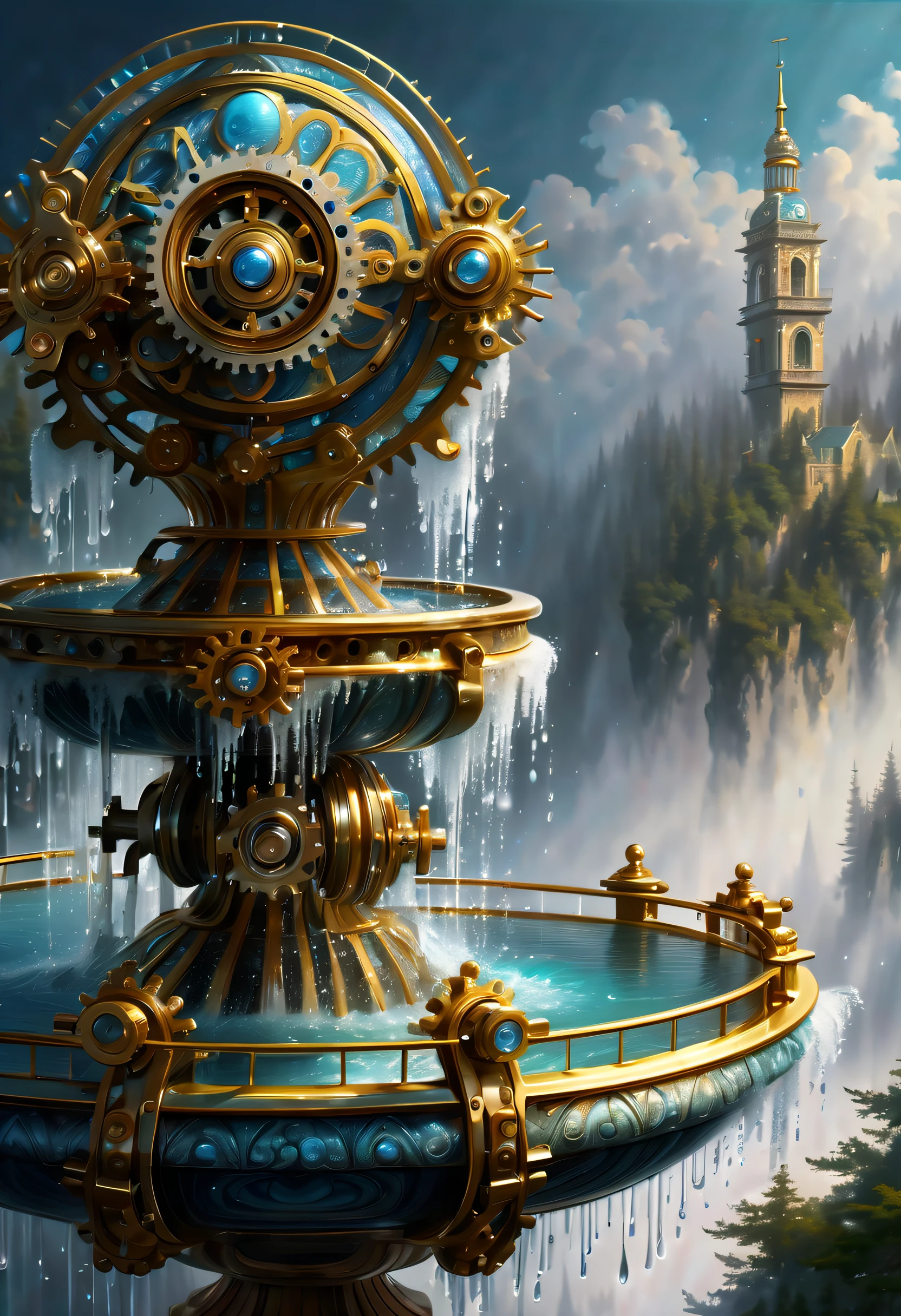 (((fused fountain is eternal fantasy and irresistible allure and intricate gears and clockwork mechanisms:1.3))), (((surrealism fountain illustration:1.4))), (((radiosity rendered in stunning 32k resolution:1.3))), highest quality, highly quality, (((crisp clarity that is unmatched:1.3))), (((beautiful detail glow:1.3))), imagine a visually striking illustration of a fountain, extremely incredibly detailed, intricate insane details, incredibly detailed, ((sleek stylish insane detail:1.3)), best quality, ultimate quality, ethereal quality, ultra quality, enchanting beauty quality, every detail captured illustration, exquisite dark and rich beauty detail, true masterpiece, (hyper realistic:1.3), (((holography style coating:1.2))), (((elaborate wish:1.4))), intricate surface detail, detailed painting, foreboding colors, starkly beautiful aesthetics, absurd resolution, hauntingly beautiful, sensitive detailed texture, amazing wonder background detail, expert precision including intricate examples of undeniably amazing image quality and detailed design, (((all captured in sharp focus:1.4))), (((rendered in stunning depth range 32k resolution:1.3))), (((stands amidst swirling fog:1.5))), exquisitely crisp details, visually stunning creation,