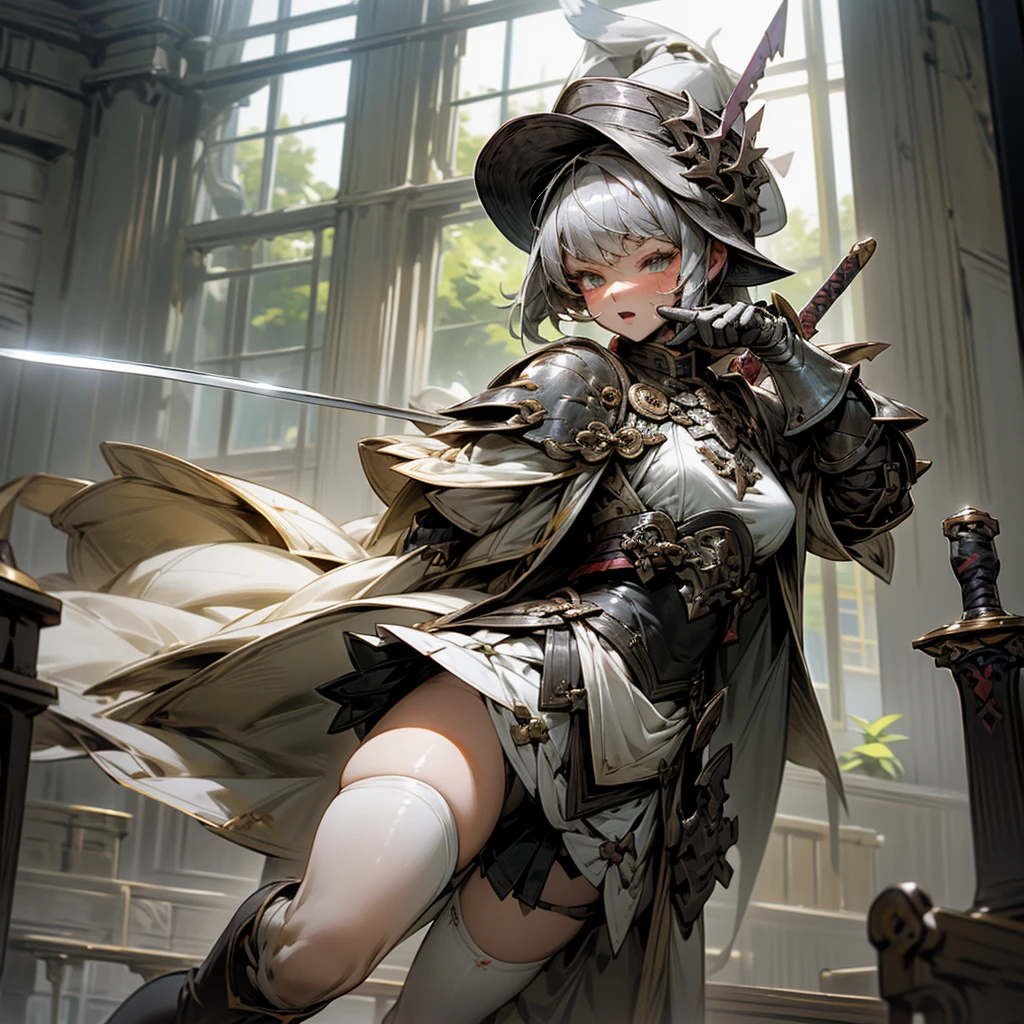 battle field、fight with a glowing sword、Sheer clothing、Skirt Lift Up、silber hair、Short bob hair、white hunting hat、samurais、Berserker、A sexy、Opening legs、sears dress、Black Armor、Black knee socks、Have fun、I have my mouth wide open、The chest isｃcups、Beautiful fece