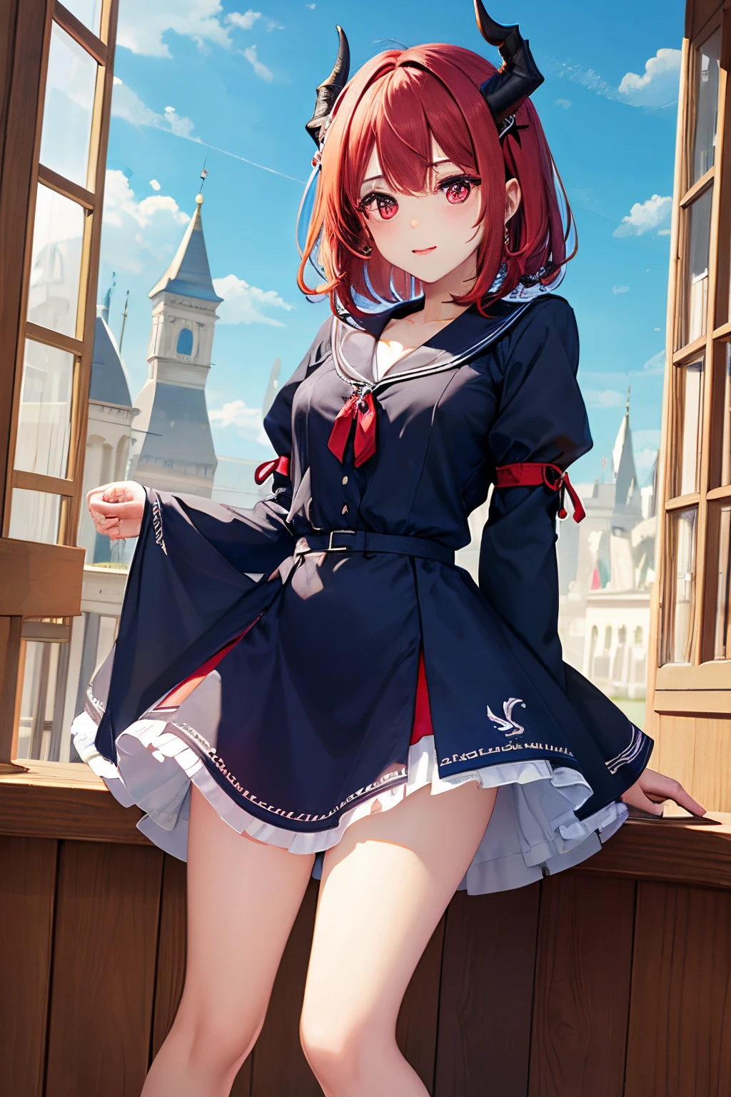 1 dragon girl, fairy dress, palace, red eyes, redhair, Short hair, mini skirt, beautiful eyes, hair decoration, Big chest, navy red clothes, Dragon horn, Hairpins, adults