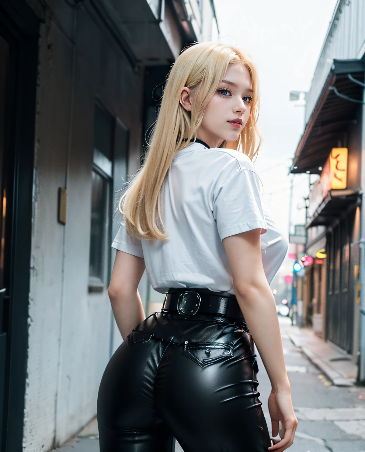 1girl, (Blue eyes), (Smile), (Sana Minatozaki), wide hips, Big Boobs, big ass, round butt, (Best Quality, 8k, Masterpiece: 1.3), perfect hands, Clear Focus: 1.2, Perfect Body Beauty: 1.4 , Slender Abs: 1.2, Highly detailed face and skin texture, detailed eyes, double eyelids, (blonde long hair), (black leather pants, leather belt, white t-shirt :1.3), choker, standing, dynamic pose, look back, view from back, in an alley at night illuminated by neon signs