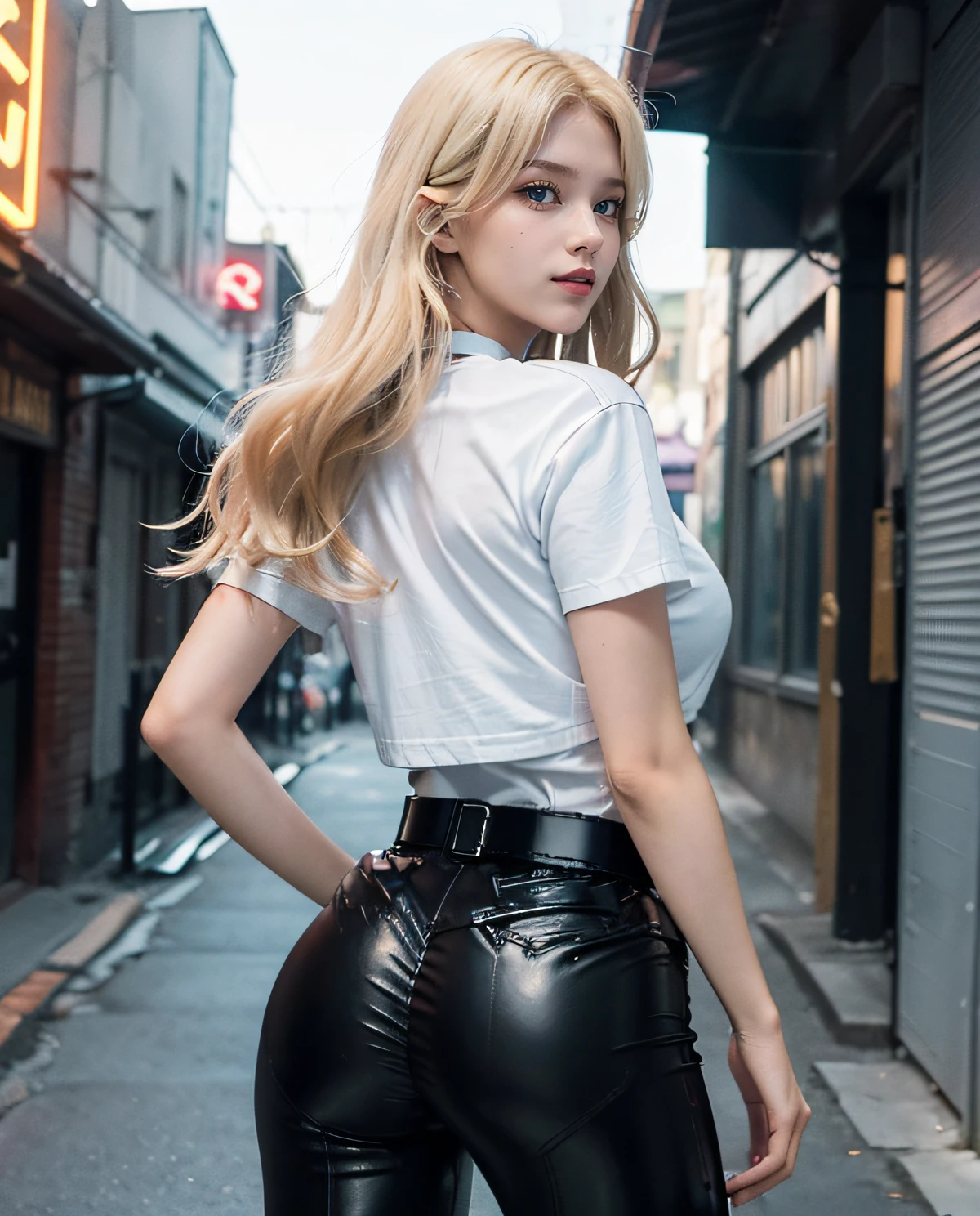 1girl, (Blue eyes), (Smile), (Sana Minatozaki), wide hips, Big Boobs, big ass, round butt, (Best Quality, 8k, Masterpiece: 1.3), perfect hands, Clear Focus: 1.2, Perfect Body Beauty: 1.4 , Slender Abs: 1.2, Highly detailed face and skin texture, detailed eyes, double eyelids, (blonde long hair), (black leather pants, leather belt, white t-shirt), choker, standing, dynamic pose, look back, view from back, in an alley at night illuminated by neon signs