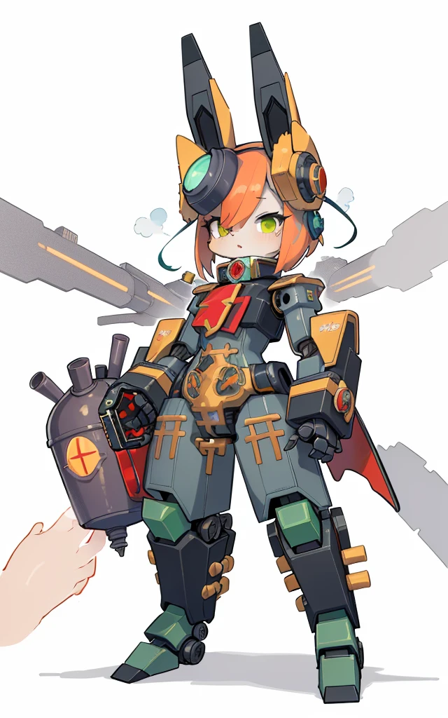 Cartoon image of robot rabbit holding gun, Holding a giant carrot grenade in his right hand, The hair is purple,  gear wheel, Rich steampunk themes, steam engine, Cool mech style, mechasuit, Full robot full body mecha suit, Green armor, adorable expression, Mecha Inspiration, Spatial perspective, The vision becomes blurred