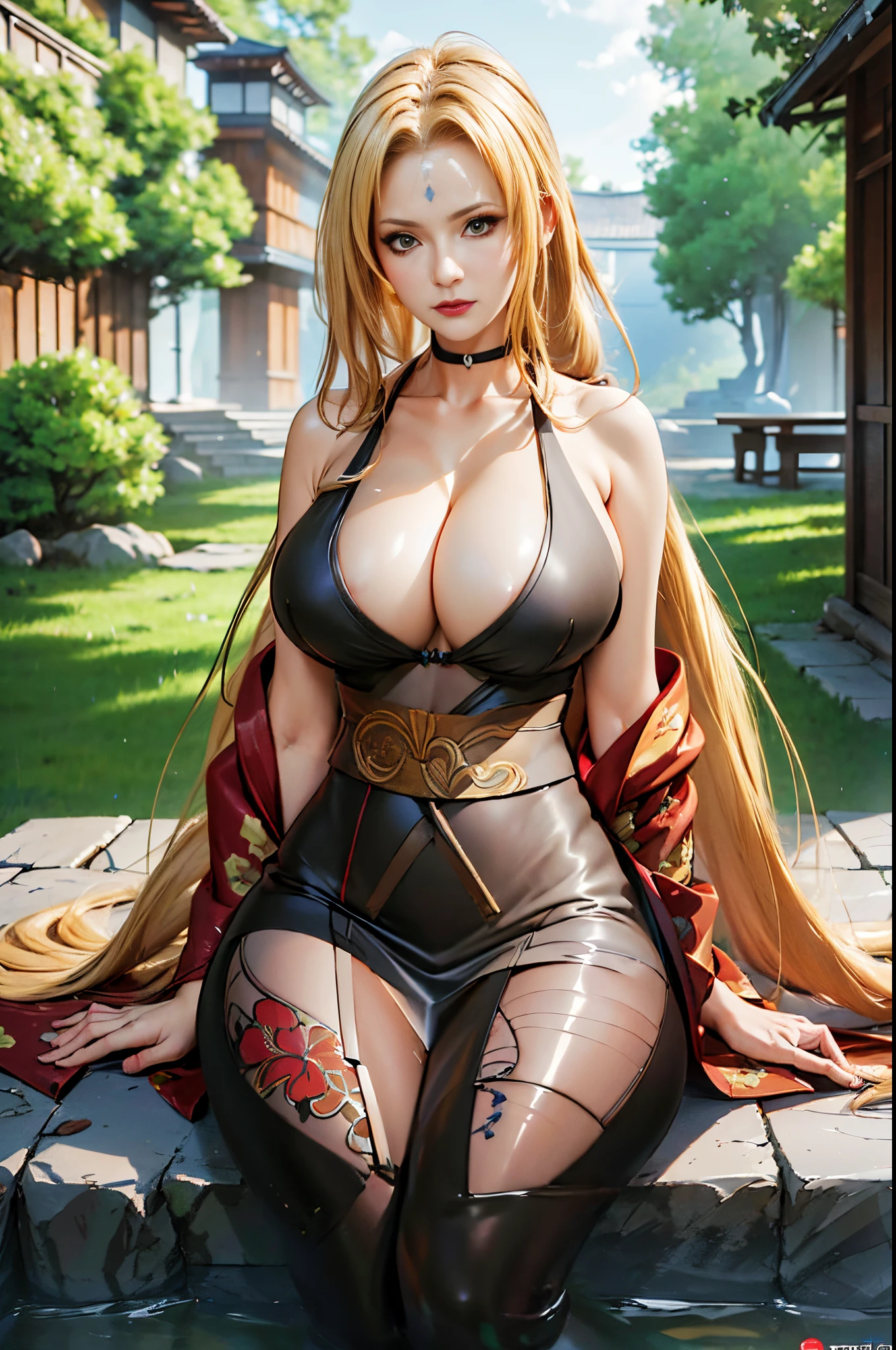 generate tsunade from naruto anime, best quality, masterpiece, 1girl, (solo:1.1), raytracing, ultra detailed, 8k wallpaper, wide hips, tsundere face, gigantic breast, (long hair:1.1), blonde hair, looking at viewer, collarbone, long coat and kimono inside, cleavage, sitting, outdoor, milf female, , detail japanesse village background,(masterpiece, best quality:1.2),(8k,highres,RAW photo,realistic,photo-realistic:1.3),(detailed skin texture,detailed cloth texture,beautiful detailed face:1.25),professional lighting,photon mapping,beautiful soft light,radiosity,physically-based rendering,model shoot style, model shoot style, (extremely detailed CG unity 8k wallpaper), full shot body photo of the most beautiful artwork in the world, complex 3d render ultra detailed, looking at viewer, 18 yo, wet hair, real human skin, vibrant details, hyperrealistic, beautiful, octane render, 8k, best quality, masterpiece, an extremely delicate and beautiful, extremely detailed ,CG ,unity ,wallpaper, (realistic, photo-realistic:1.37),Amazing, finely detail, masterpiece,best quality,official art, extremely detailed CG unity 8k wallpaper ,extreme detailed eyes, (perfect face), shiny skin, colorful, highest detailed, vibrant colors, ultra high res, (high contrast), intricate, lens flare,