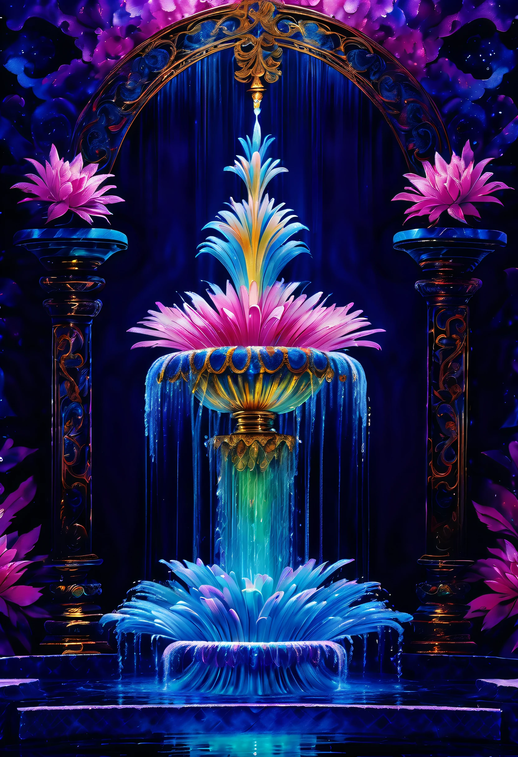 eternal fantasy fountain of alcohol ink illustration, (((radiosity rendered in stunning 32k resolution:1.3))), highest quality, highly quality, (((crisp clarity that is unmatched:1.3))), (((beautiful detail glow:1.3))), imagine a visually striking illustration of a fountain, extremely incredibly detailed, intricate insane details, incredibly detailed, ((sleek stylish insane detail:1.3)), best quality, ultimate quality, ethereal quality, ultra quality, enchanting beauty quality, every detail captured illustration, exquisite dark and rich beauty detail, true masterpiece, (hyper realistic:1.3), (((holography style coating:1.2))), (((elaborate wish:1.4))), intricate surface detail, detailed painting, foreboding colors, starkly beautiful aesthetics, absurd resolution, hauntingly beautiful, sensitive detailed texture, amazing wonder background detail, expert precision including intricate examples of undeniably amazing image quality and detailed design, (((all captured in sharp focus:1.4))), (((rendered in stunning 32k resolution:1.3))),