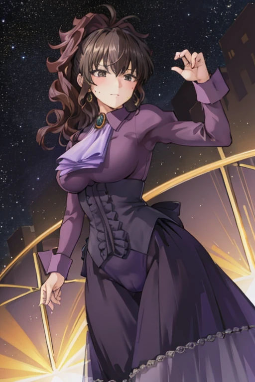 (masterpiece),(best quality), ushiromiya natsuhi, long dress, violet dress, side ponytail, earrings, purple shirt, ascot, brooch, corset, ((Tight leotard)), ((sexy pose)), ((Wrestling ring)), (Big tits), (Wide hips),