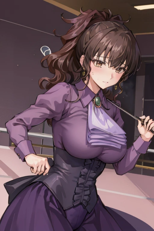 (masterpiece),(best quality), ushiromiya natsuhi, long dress, violet dress, side ponytail, earrings, purple shirt, ascot, brooch, corset, ((Tight leotard)), ((sexy pose)), ((Wrestling ring)), (Big tits), (Wide hips),