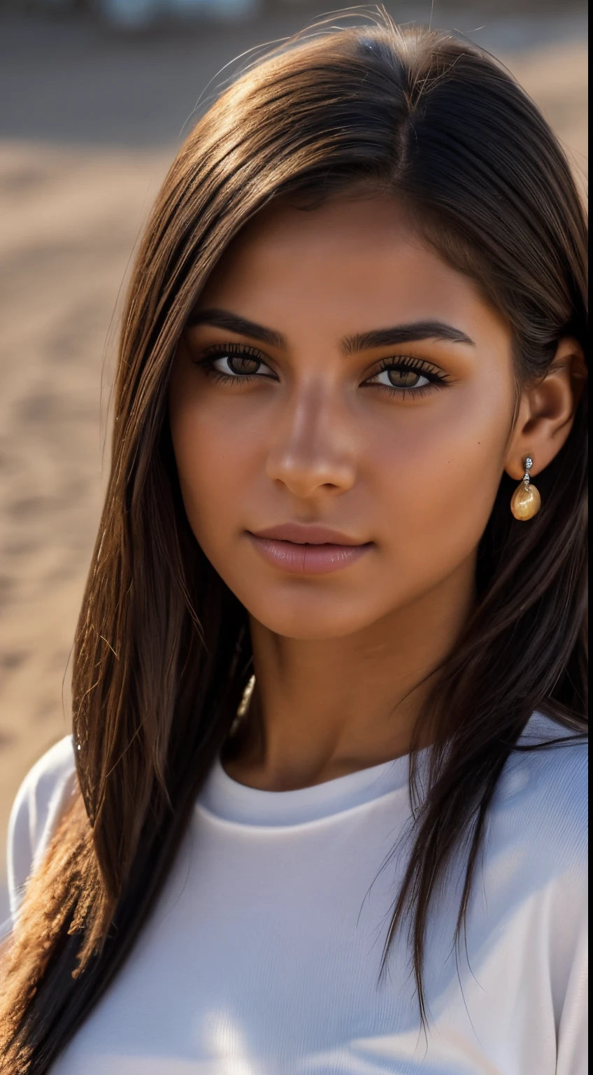 A photorealistic portrait of a 19-year-old american spanish Girl, She has a closed smily natural mouth, she could have a natural approchable expression, shine lips of lips gloss,flirty mood, no makeup, sharp picture with details, focus image real life, looking in the direction of the camera, straight face, perfect photo realistic picture, golden-hour sunlight, natural light, realistic shadows, detailed fingers, detailed realistic face with perfect shorter snub nose, hair tie in back , showing full face with ears ,attractive girl, perfect detailed (((dark chocolate Mediterranean tanned skin))), ((realistic small wrinkles))), small eyes, dark green eyes, perfect mistery nice eye iris, perfect detailed face with realistic complexion, skin with small pores, (((wearing right side swept black very long straightened hair))), no eyelids errors, human perfect eyelids, detailed symmetric eyes, symmetric detailed eyeballs, photo model, seductive gaze, perfect body natural posture, natural limbs, long legs, two arms, two legs, one head, normal sunny day, realistic shadows, mystical lighting, 48K, UHD, RAW photography, (((body facing to camera))), beautiful sweet belly, little seduce, (real shadows), cinematic light, nice fingers, (real human female white color nails), dressed in realistic (((white color crop close to body T-shirt, with short matching sleeves))),  (((handmade colorful woven bracelets on her hands))), (((outlined firm smal size breasts))), Background: sharp, wide photo of  desert,  no NSVF, realistic, realistic, and extremely realistic, captured by high resolution camera using an 85mm lens for a flattwring perspective.